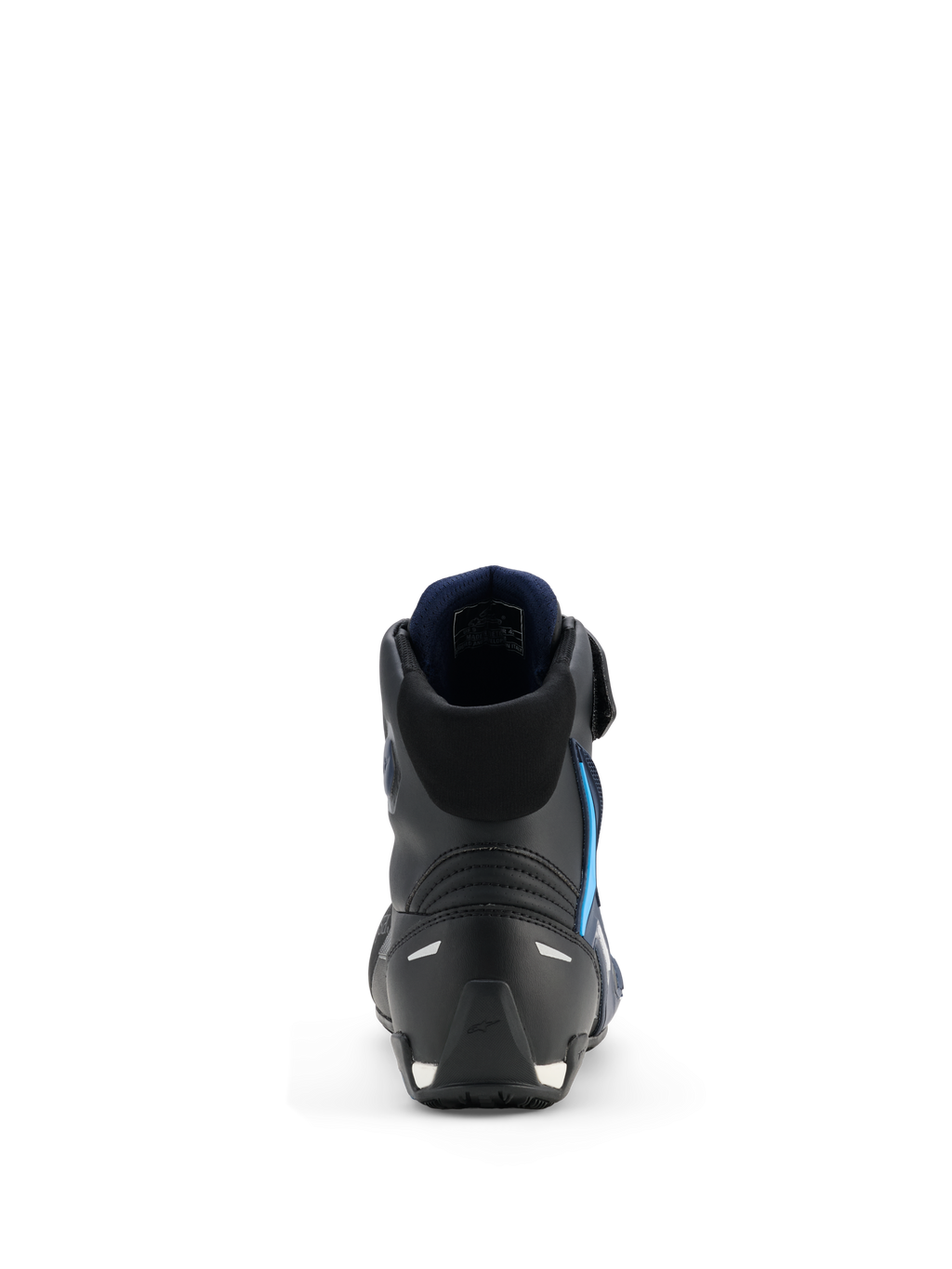 Chaussures Alpinestars Faster-4 Drystar®, chaussures de moto, Noir Night Navy Cyan, vue arrière mettant en évidence la structure renforcée du talon et de la cheville, doublure intérieure bleu marine, détails réfléchissants, design athlétique épuré pour la performance sur route