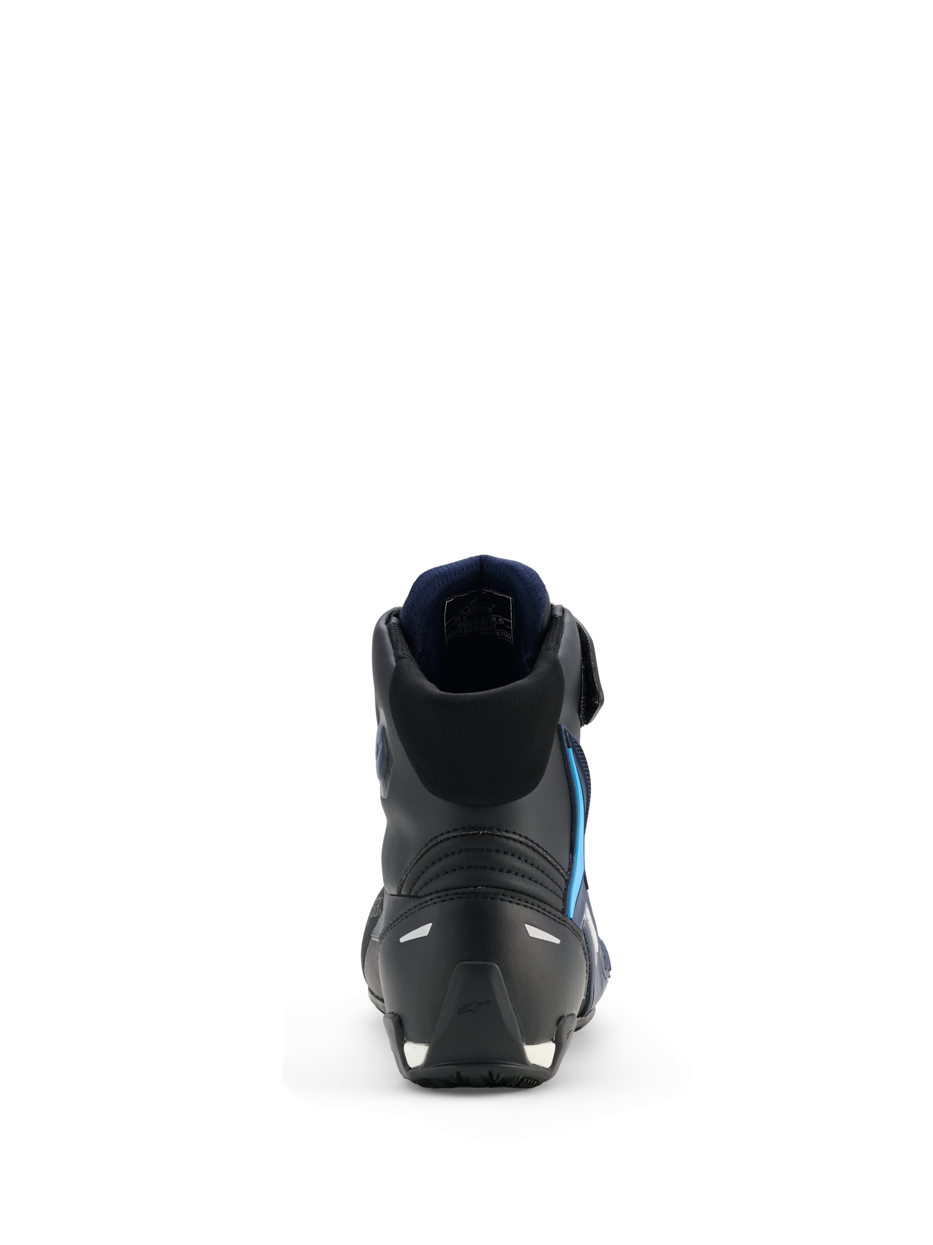 Chaussures Alpinestars Faster-4 Drystar®, chaussures de moto, Noir Night Navy Cyan, vue arrière mettant en évidence la structure renforcée du talon et de la cheville, doublure intérieure bleu marine, détails réfléchissants, design athlétique épuré pour la performance sur route
