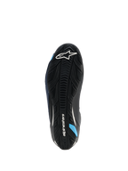 Chaussures Alpinestars Faster-4 Drystar®, vue de la semelle, Noir Night Navy Cyan, avec semelle extérieure en caoutchouc renforcé, adhérence texturée, logo Alpinestars blanc et accents bleu cyan, conçues pour la stabilité lors de la conduite de moto
