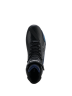 Chaussures Alpinestars Faster-4 Drystar®, vue de dessus d'une chaussure de moto noire avec accents Noir, Bleu Nuit et Cyan, fermeture à lacets avec sangle à crochet et boucle, construction en microfibre imperméable, chaussures de sport pour la conduite sur route
