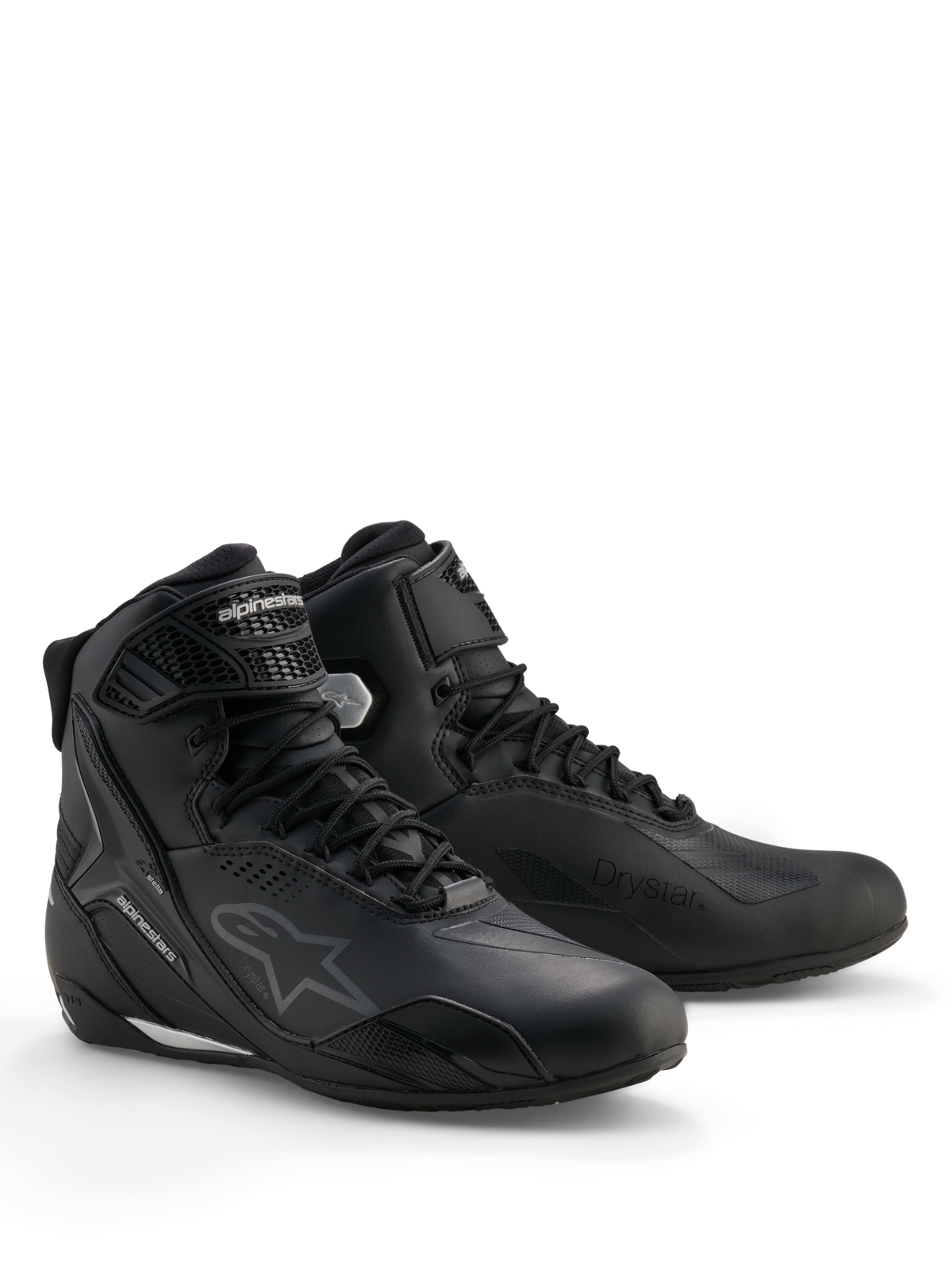 Chaussures Alpinestars Stella Faster-4 Drystar®, chaussures de moto imperméables pour femme, noir et argent, tige en microfibre avec fermeture à lacets et sangle de cheville, renforts protecteurs en TPU et logo Alpinestars.