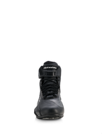 Alpinestars Woman Stella Faster-4 Drystar® Shoes, Motorcycle Riding Shoes, Black with Silver accents, front view showing lace-up closure and branded hook-and-loop ankle strap, sleek waterproof design for sport and road riding