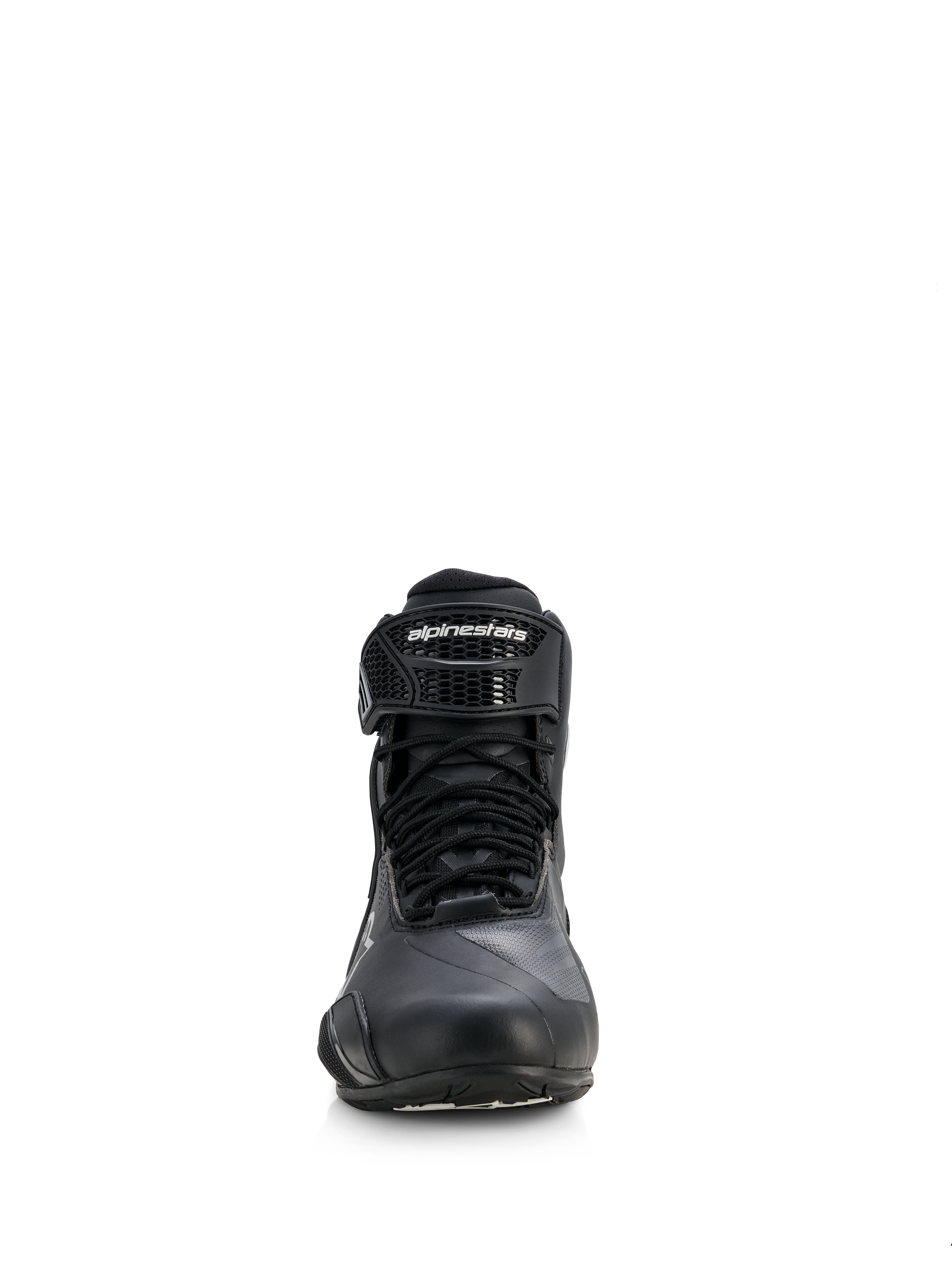 Alpinestars Woman Stella Faster-4 Drystar® Shoes, Motorcycle Riding Shoes, Black with Silver accents, front view showing lace-up closure and branded hook-and-loop ankle strap, sleek waterproof design for sport and road riding