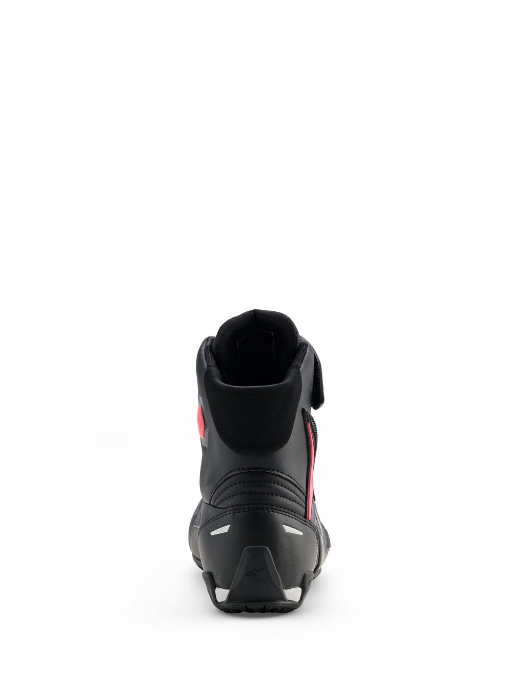 Chaussures Alpinestars Stella Faster-4 Drystar® pour femme, noir gris corail fluo, vue arrière montrant le support du talon et les détails réfléchissants, chaussures de moto imperméables au design d'inspiration sportive