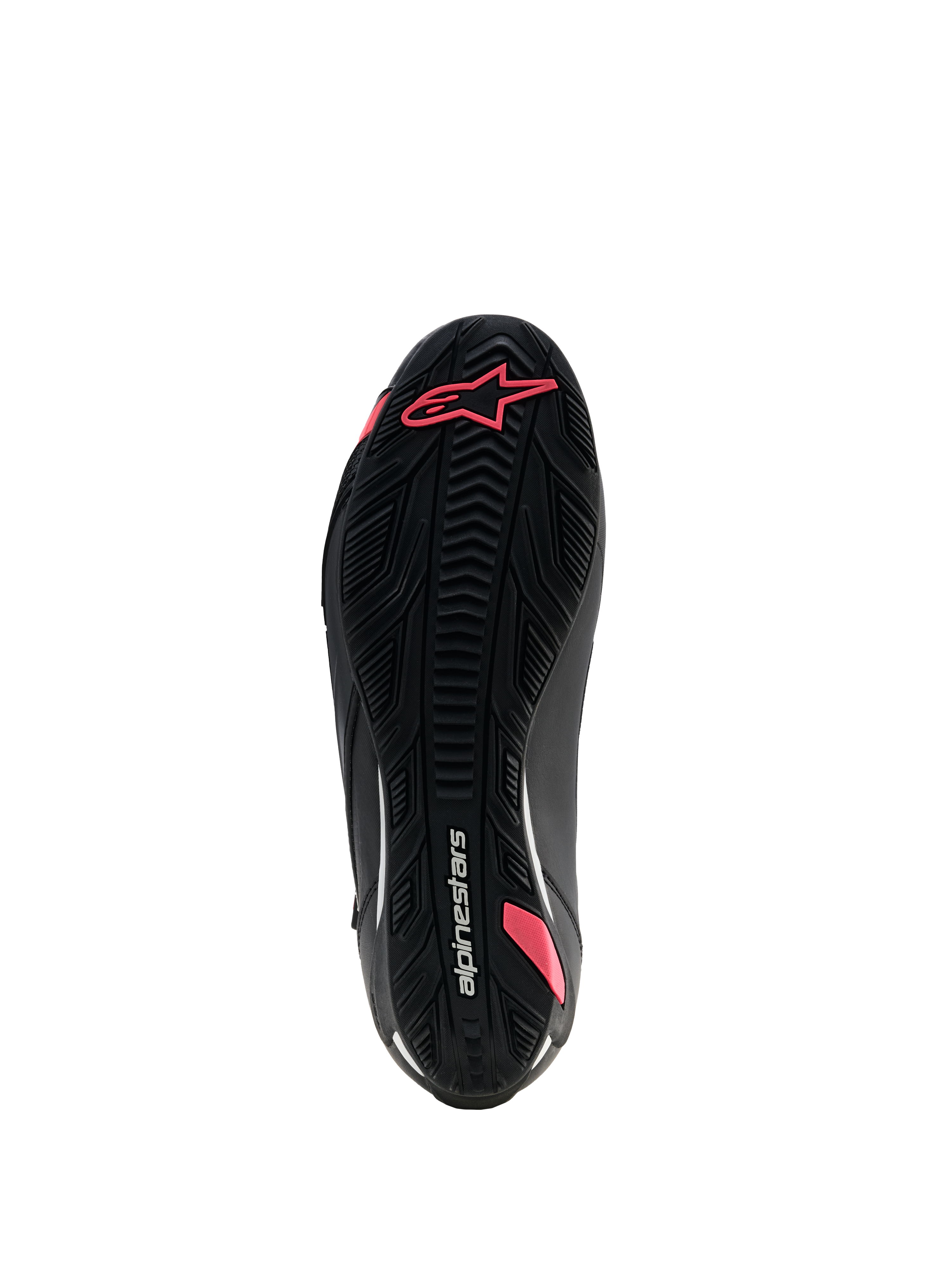 Chaussures Alpinestars Stella Faster-4 Drystar®, chaussures de moto pour femme, noir et corail fluo, vue de dessous de la semelle en caoutchouc texturé présentant un motif d'adhérence, le logo Astars et le marquage Alpinestars.