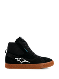 Alpinestars Stated Waterproof Shoes, baskets de moto montantes noires, construction en daim et maille, logo Alpinestars blanc, semelle vulcanisée en caoutchouc marron moucheté, chaussures de moto urbaines, design moderne inspiré du skate