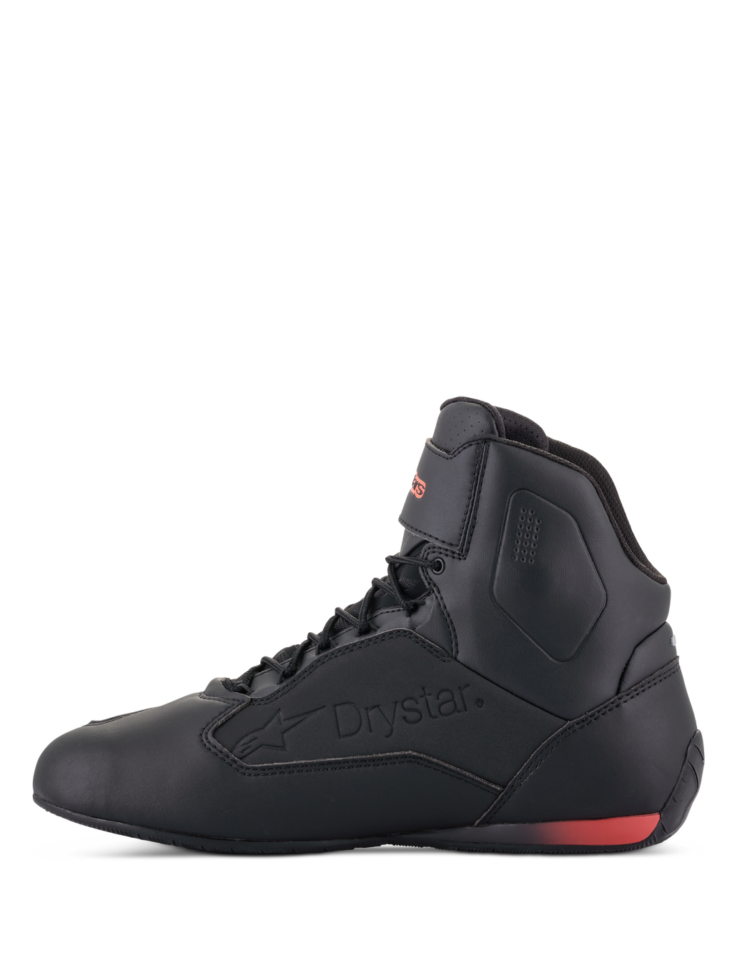 Chaussures Alpinestars Faster-3 Drystar®, chaussures de moto, noir et rouge fluo, vue de profil avec logo Drystar embossé et détail de talon rouge fluorescent, châssis en microfibre élégant pour la conduite urbaine et routière