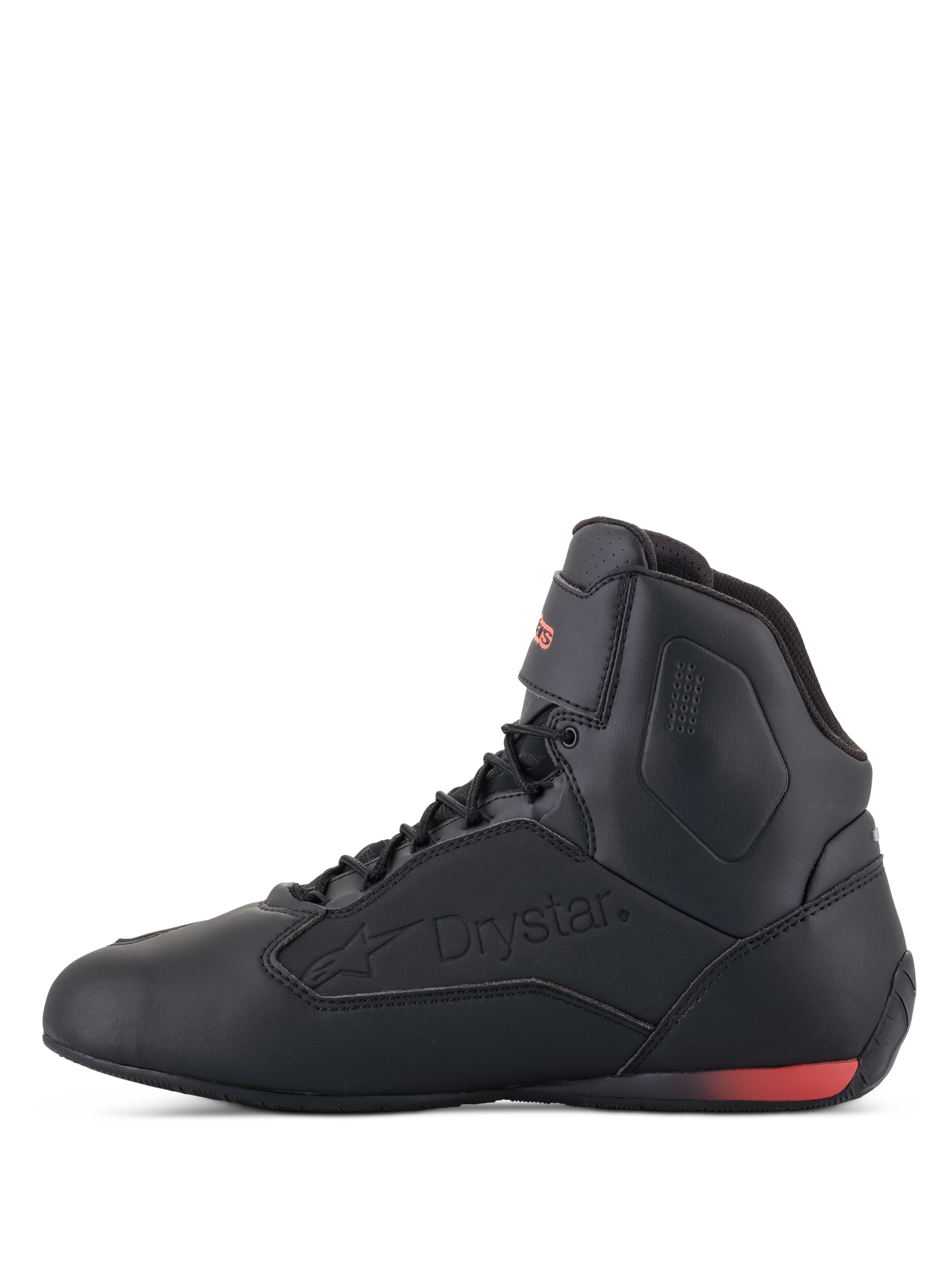 Chaussures Alpinestars Faster-3 Drystar®, chaussures de moto, noir et rouge fluo, vue de profil avec logo Drystar embossé et détail de talon rouge fluorescent, châssis en microfibre élégant pour la conduite urbaine et routière