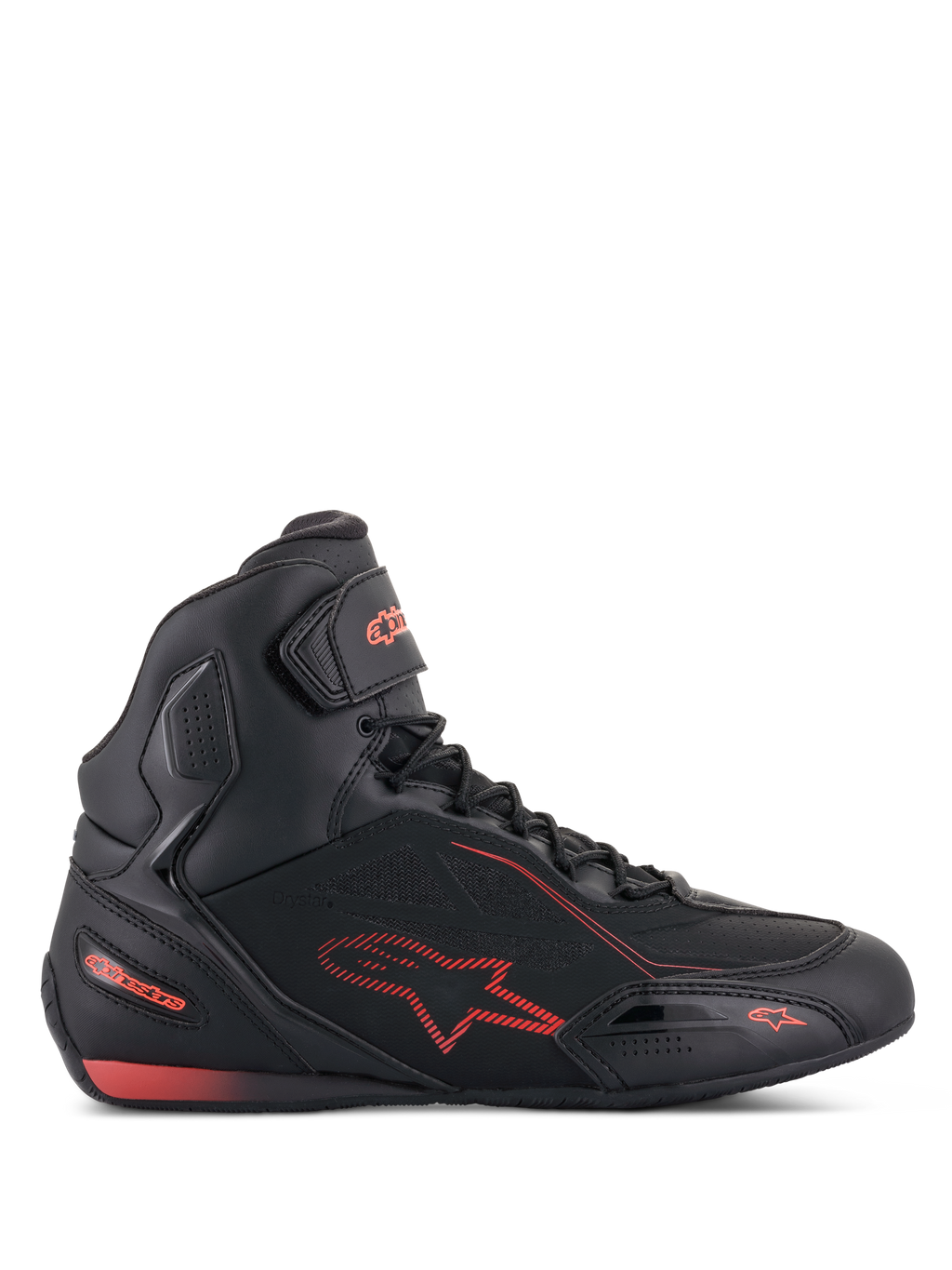 Alpinestars Faster-3 Drystar, chaussures de moto noir et rouge fluo, vue de profil, style baskets montantes avec tige en microfibre légère, membrane imperméable Drystar, logo étoile rouge et marquages, sangle de cheville auto-agrippante et détails perforés pour la respirabilité.