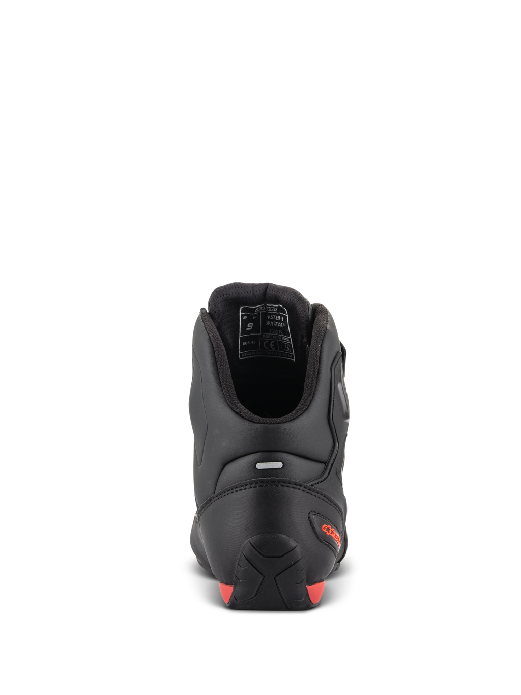 Chaussures Alpinestars Faster-3 Drystar®, chaussures de moto, vue arrière montrant le talon et la cheville, microfibre noire avec accents rouge fluo, bande réfléchissante pour la visibilité, chaussures de protection d'inspiration sportive pour un usage routier et urbain