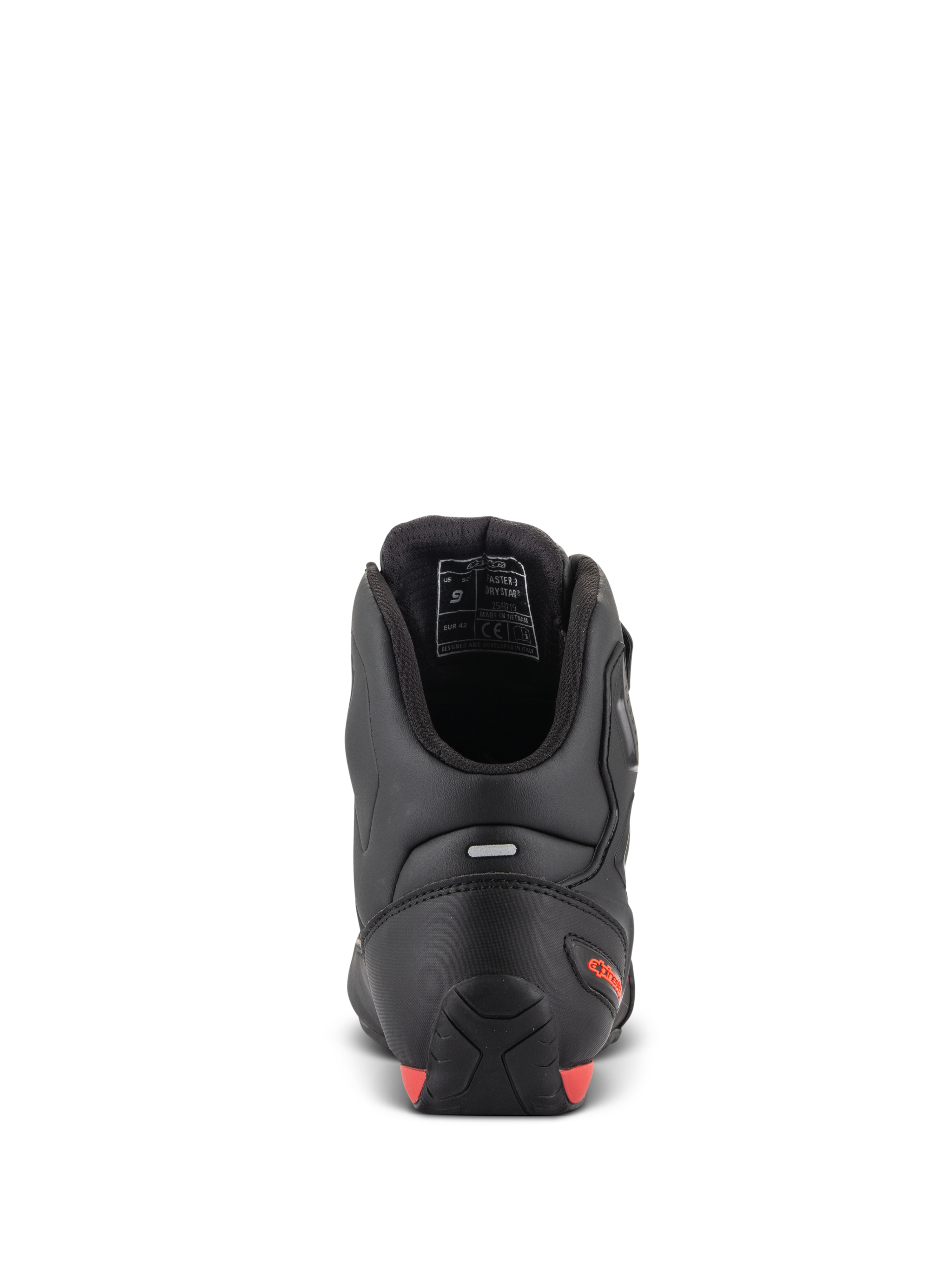 Chaussures Alpinestars Faster-3 Drystar®, chaussures de moto, vue arrière montrant le talon et la cheville, microfibre noire avec accents rouge fluo, bande réfléchissante pour la visibilité, chaussures de protection d'inspiration sportive pour un usage routier et urbain