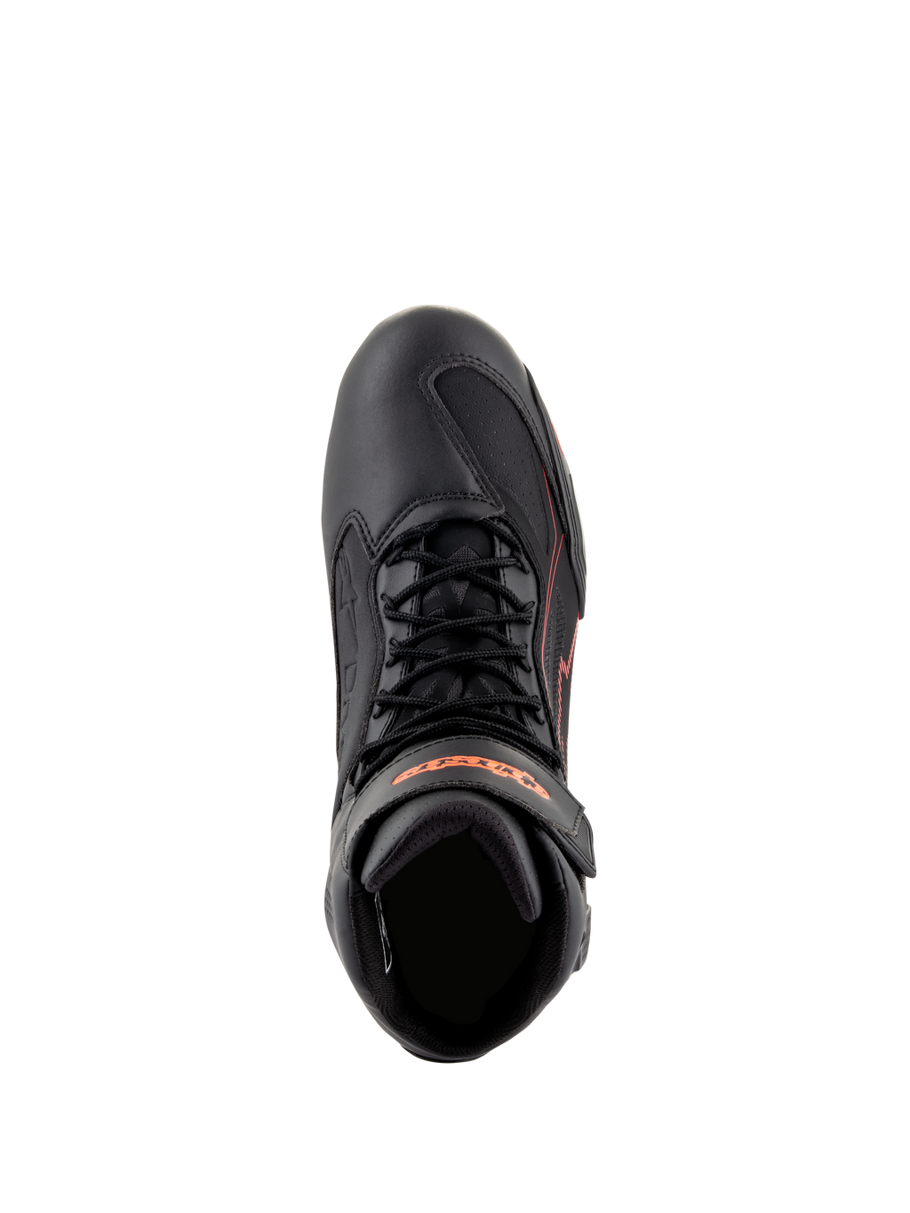 Chaussures Alpinestars Faster-3 Drystar®, chaussures de moto, noir avec accents rouge fluo, vue de dessus montrant les lacets et la sangle de cheville, construction en microfibre technique