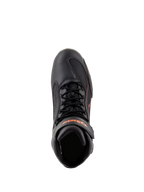 Chaussures Alpinestars Faster-3 Drystar®, chaussures de moto, noir avec accents rouge fluo, vue de dessus montrant les lacets et la sangle de cheville, construction en microfibre technique