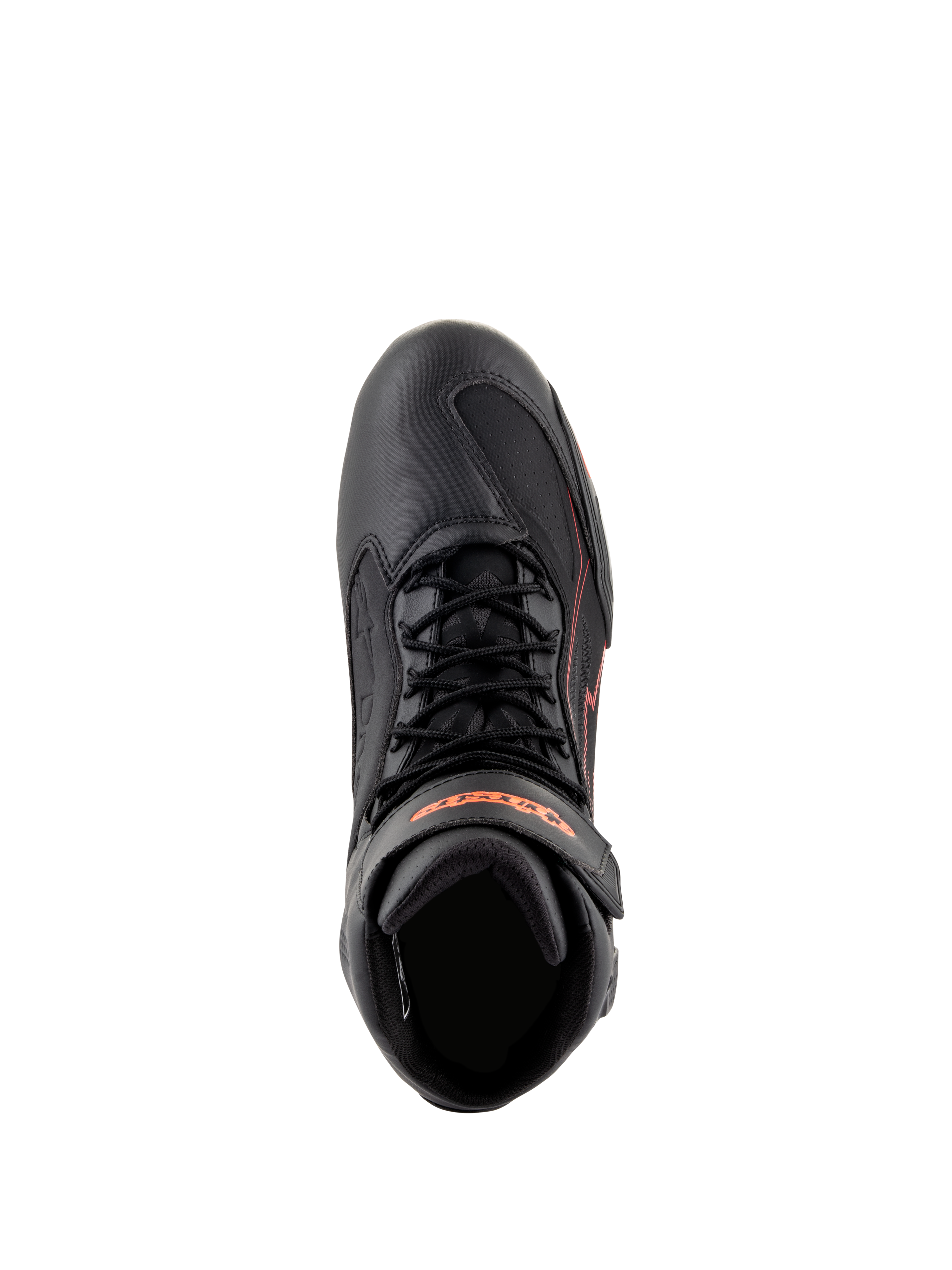 Chaussures Alpinestars Faster-3 Drystar®, chaussures de moto, noir avec accents rouge fluo, vue de dessus montrant les lacets et la sangle de cheville, construction en microfibre technique