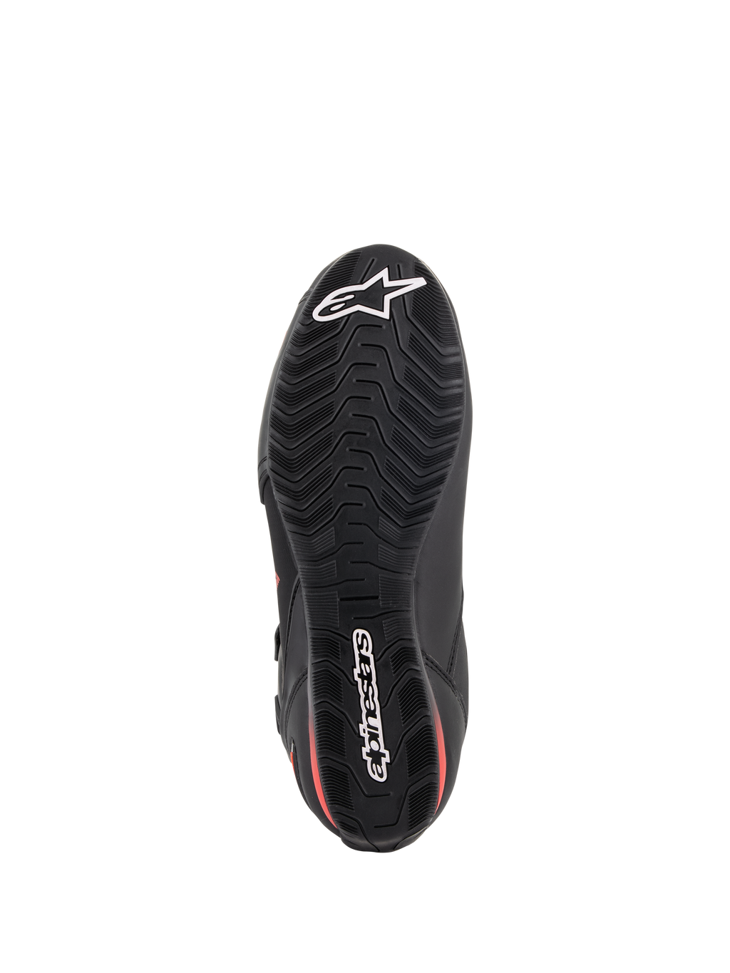 Chaussures Alpinestars Faster-3 Drystar®, chaussures de moto, noir et rouge fluo, vue de dessous de la semelle, semelle extérieure en caoutchouc texturé avec motif ondulé, arborant l'étoile et le logo Alpinestars blancs, chaussures de performance imperméables