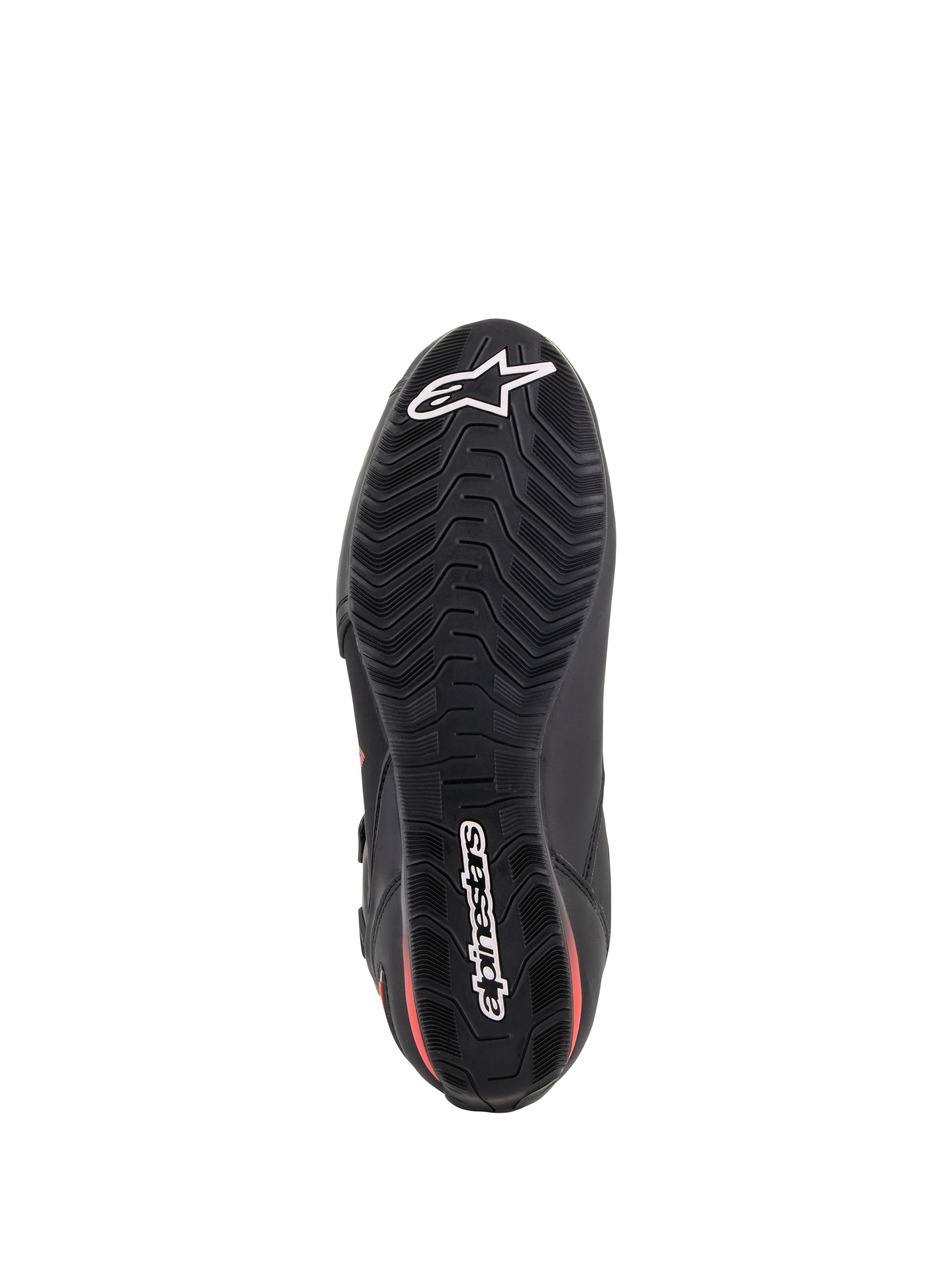 Chaussures Alpinestars Faster-3 Drystar®, chaussures de moto, noir et rouge fluo, vue de dessous de la semelle, semelle extérieure en caoutchouc texturé avec motif ondulé, arborant l'étoile et le logo Alpinestars blancs, chaussures de performance imperméables