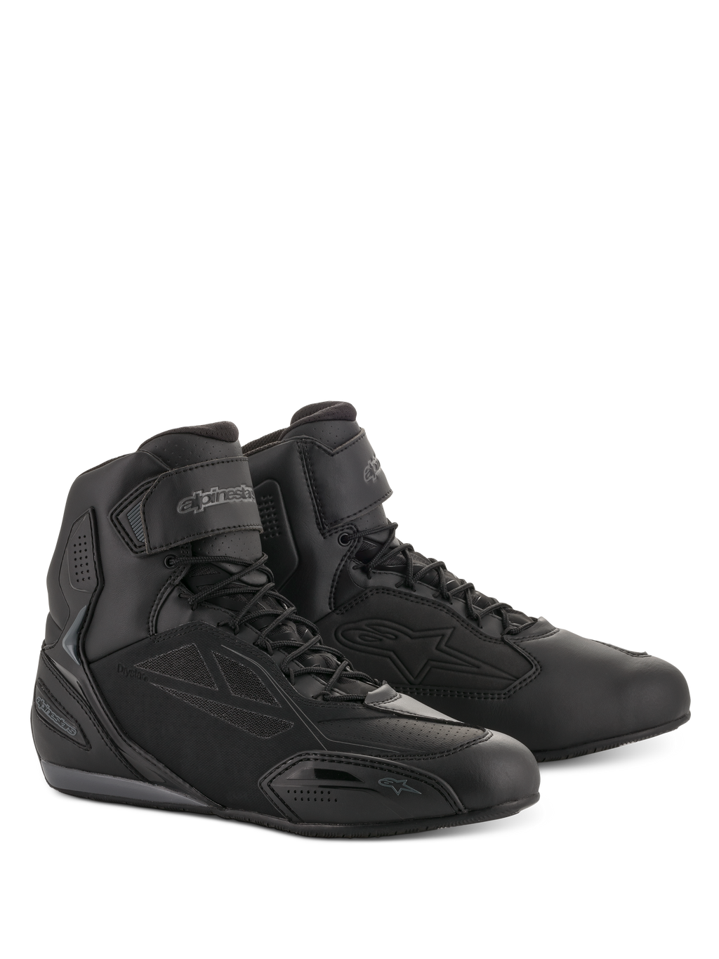 Alpinestars Faster-3 Drystar® Riding Shoes, chaussures de moto, noir et gris froid, design montant avec fermeture à lacets et sangle de cheville, tige en microfibre avec panneaux protecteurs, chaussures de route imperméables