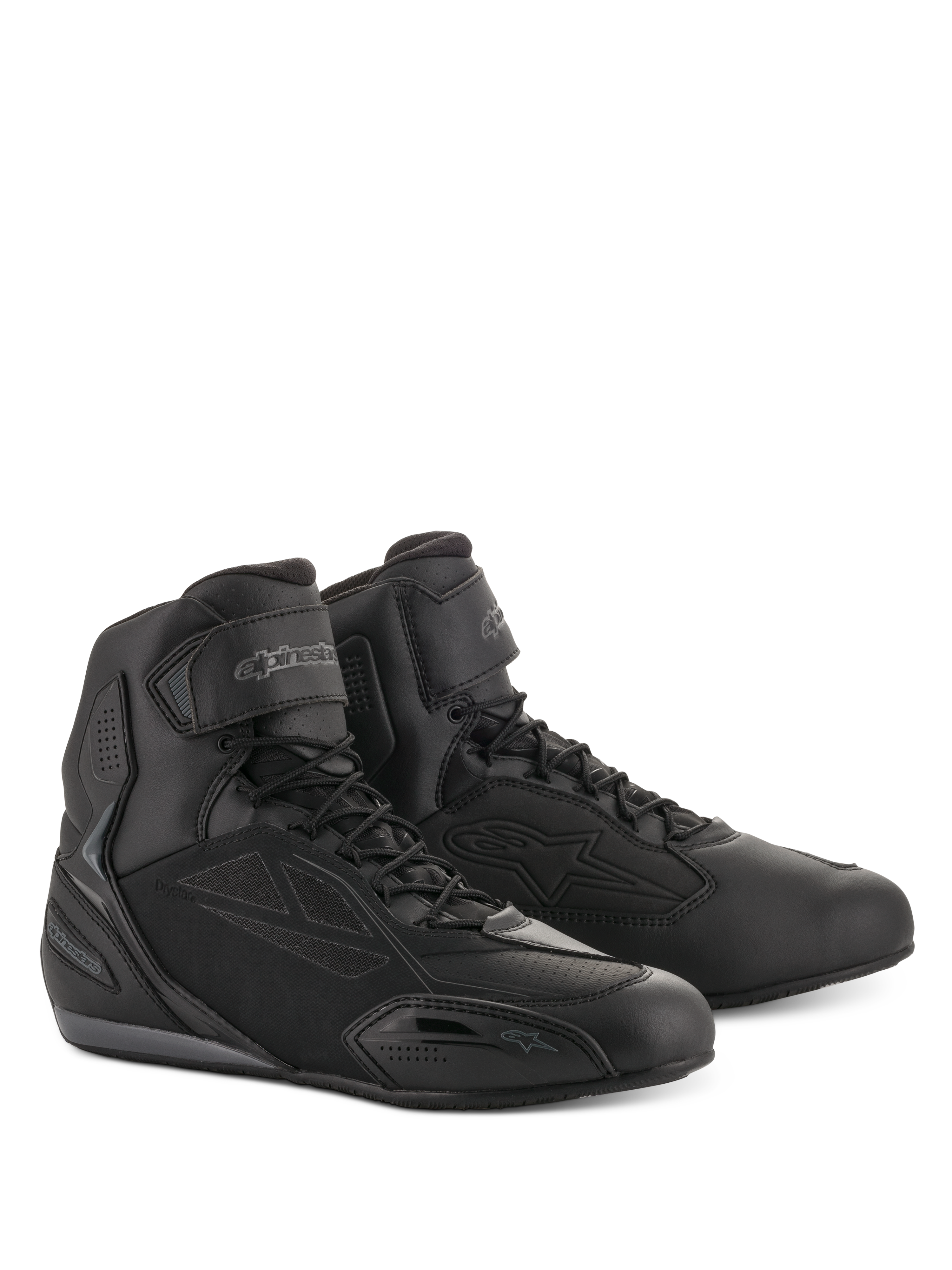 Alpinestars Faster-3 Drystar® Riding Shoes, chaussures de moto, noir et gris froid, design montant avec fermeture à lacets et sangle de cheville, tige en microfibre avec panneaux protecteurs, chaussures de route imperméables