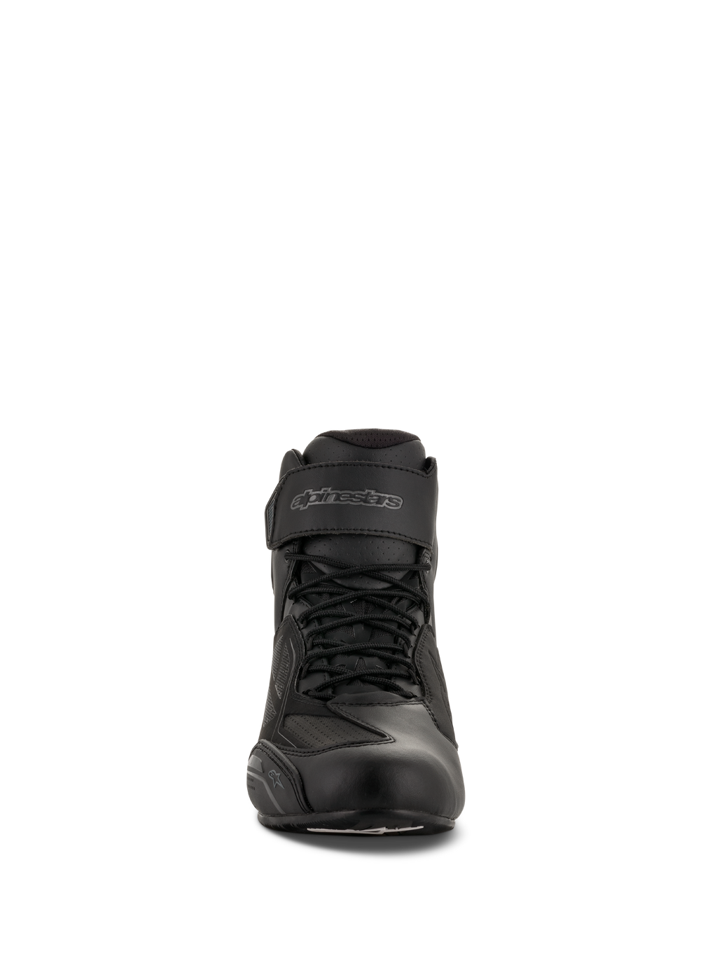 Chaussures de moto Alpinestars Faster-3 Drystar®, Noir Gris Frais, vue de face montrant la fermeture par lacets et la sangle de cheville en Velcro, chaussures de moto imperméables en microfibre.