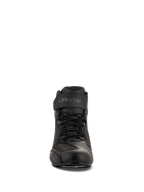 Chaussures de moto Alpinestars Faster-3 Drystar®, Noir Gris Frais, vue de face montrant la fermeture par lacets et la sangle de cheville en Velcro, chaussures de moto imperméables en microfibre.