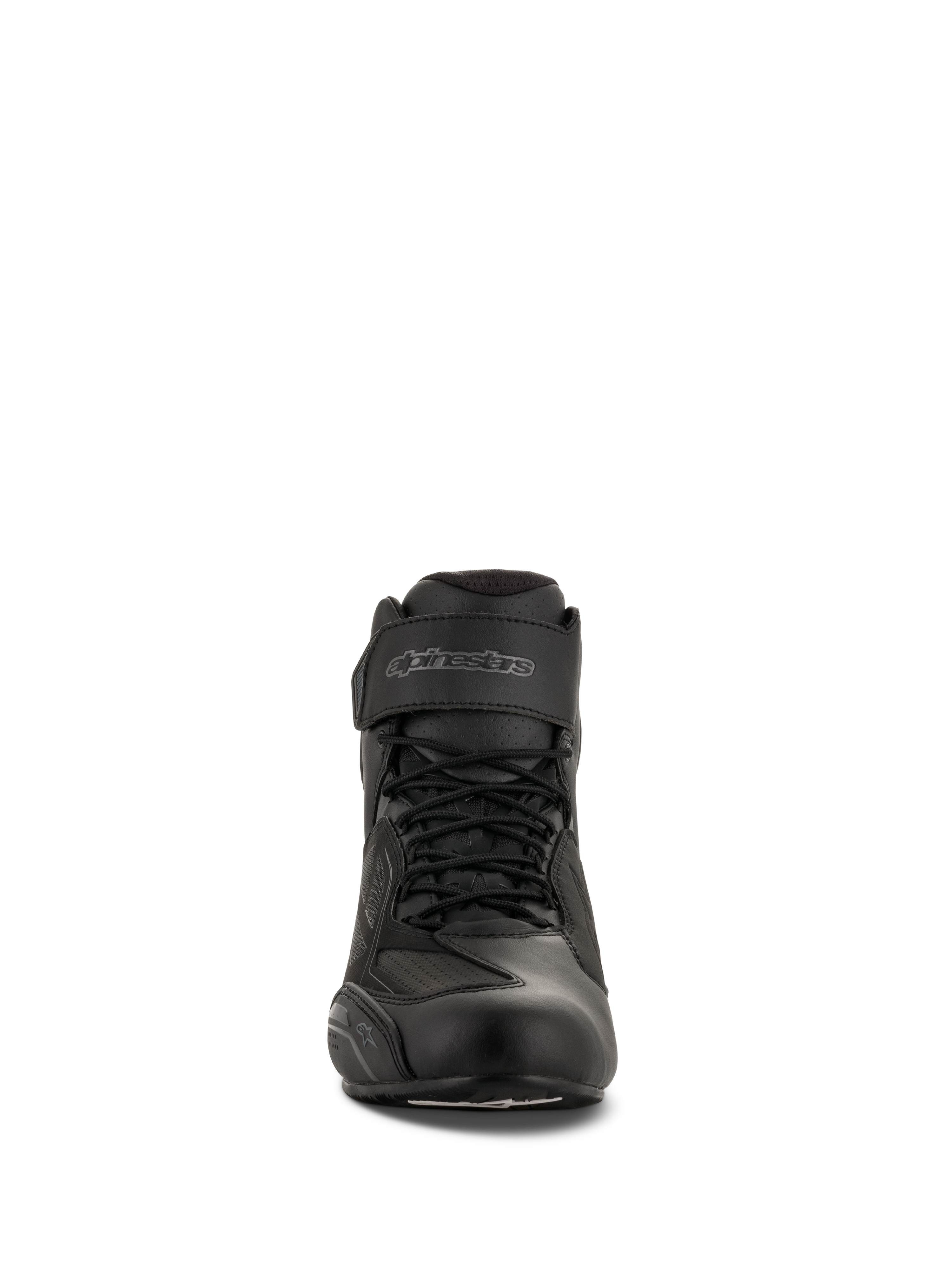 Chaussures de moto Alpinestars Faster-3 Drystar®, Noir Gris Frais, vue de face montrant la fermeture par lacets et la sangle de cheville en Velcro, chaussures de moto imperméables en microfibre.
