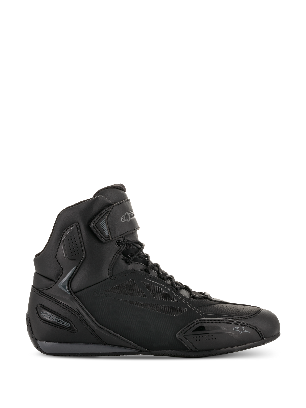 Alpinestars Faster-3 Drystar Riding Shoes, Black and Cool Gray Motorcycle Sneakers, High-top design with lace closure and Velcro strap, waterproof microfiber chassis, sporty road riding footwear
