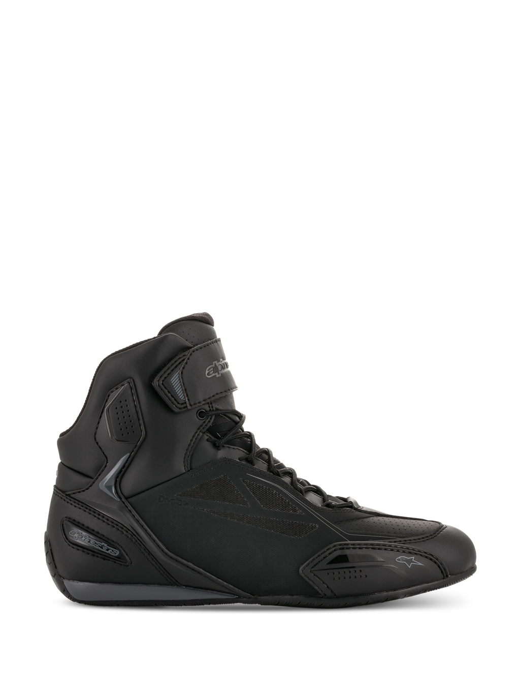 Alpinestars Faster-3 Drystar, chaussures de moto montantes, baskets de moto noir et gris, design avec fermeture à lacets et sangle velcro, châssis en microfibre imperméable, chaussures de route sportives