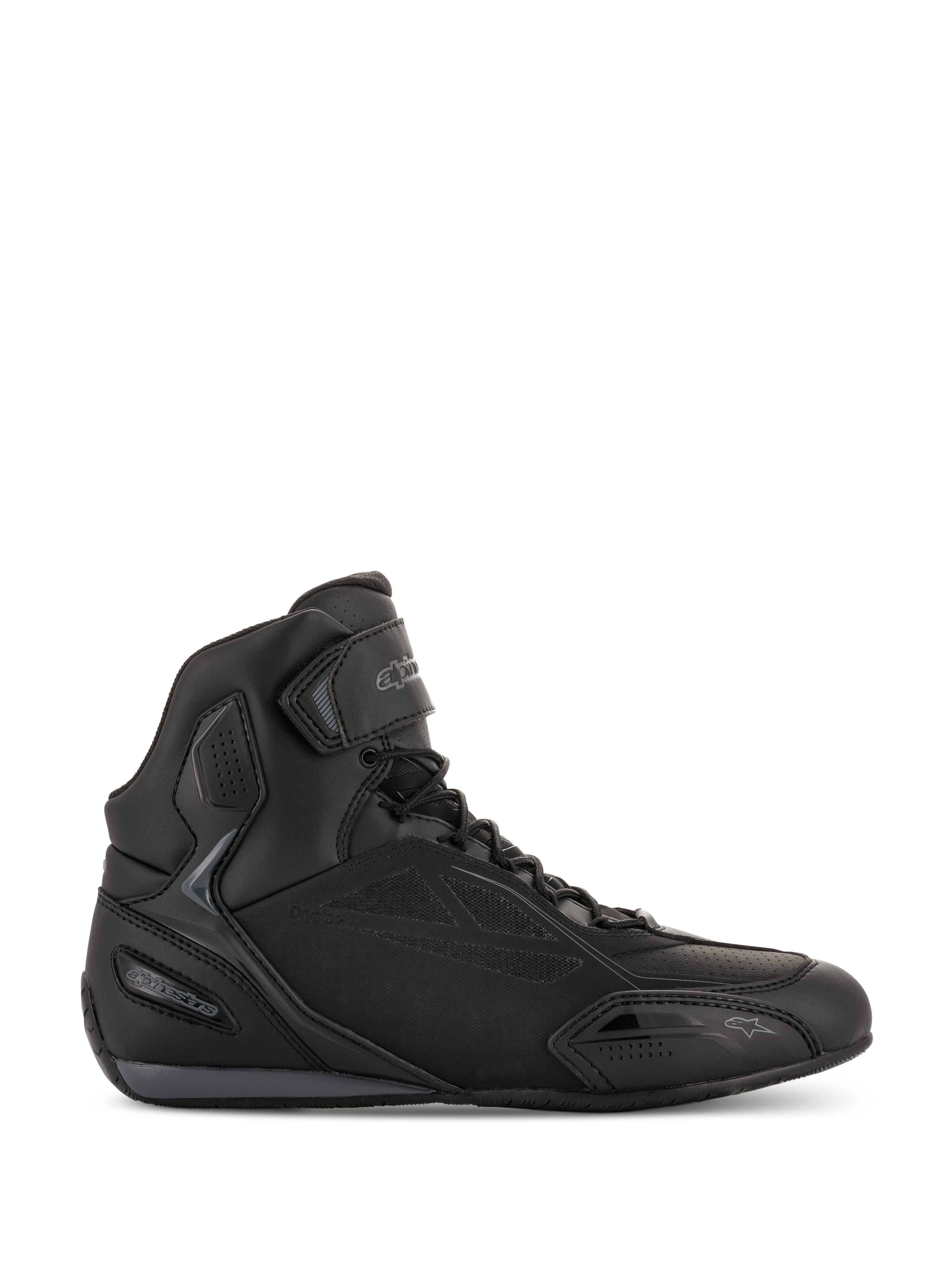 Alpinestars Faster-3 Drystar, chaussures de moto montantes, baskets de moto noir et gris, design avec fermeture à lacets et sangle velcro, châssis en microfibre imperméable, chaussures de route sportives
