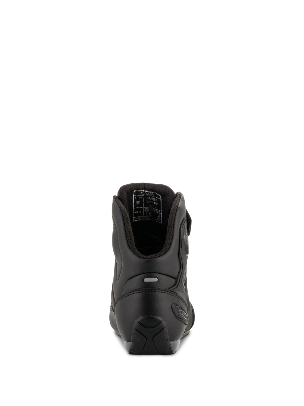 Chaussures de moto Alpinestars Faster-3 Drystar®, Noir Gris Froid, vue arrière montrant le renfort du talon, l'insert réfléchissant et la doublure interne, construction en microfibre imperméable pour la route.
