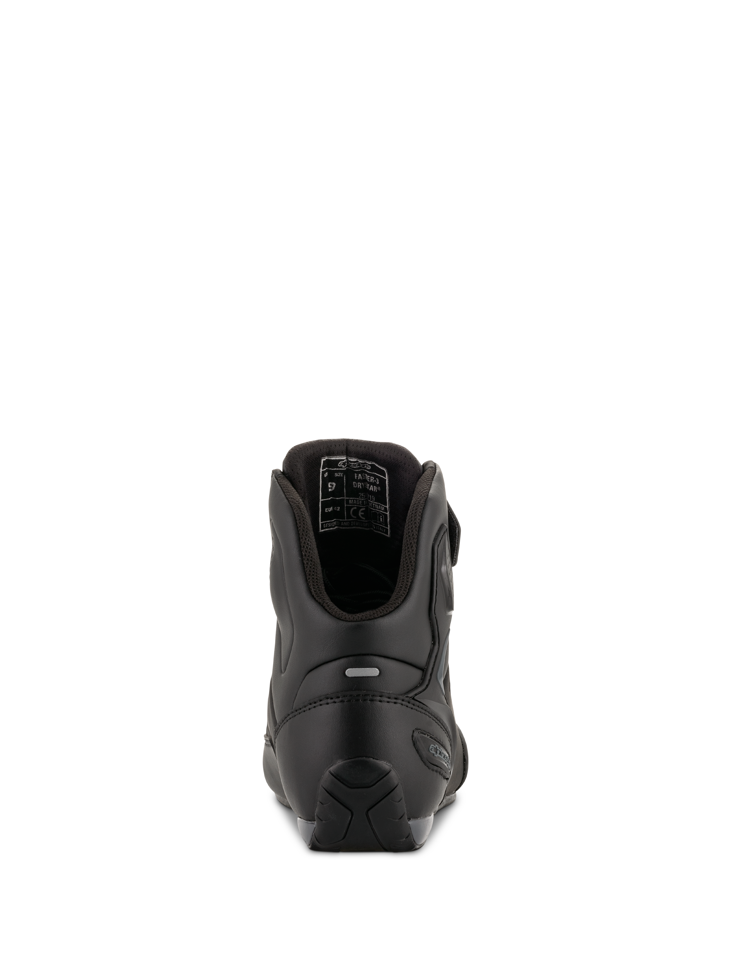 Chaussures de moto Alpinestars Faster-3 Drystar®, Noir Gris Froid, vue arrière montrant le renfort du talon, l'insert réfléchissant et la doublure interne, construction en microfibre imperméable pour la route.