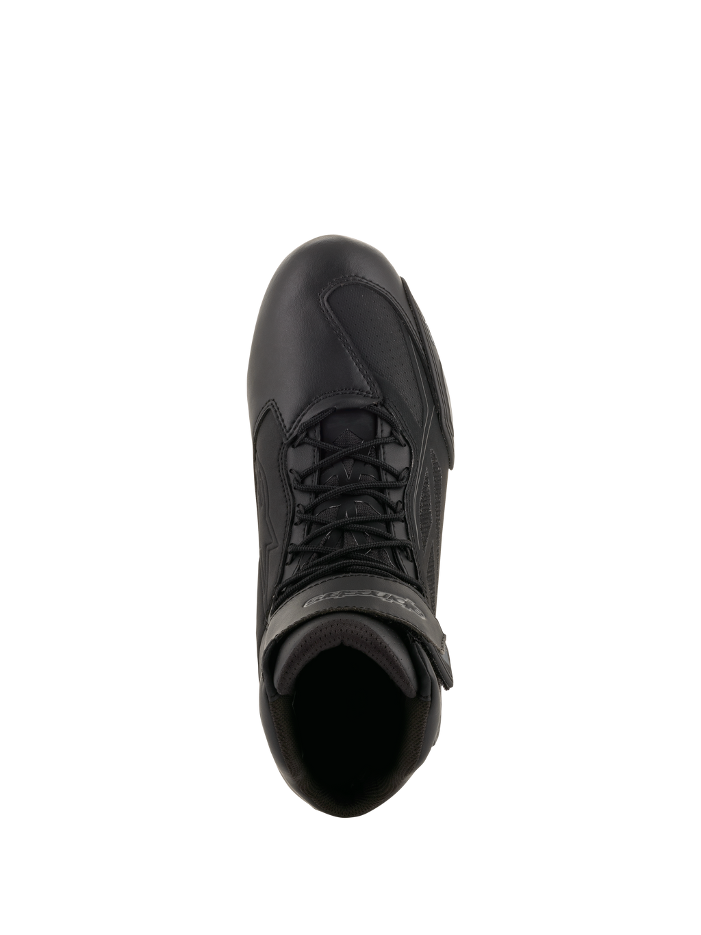 Chaussures de moto Alpinestars Faster-3 Drystar®, noir et gris froid, vue de dessus montrant la structure en microfibre, les lacets noirs et la sangle de cheville à boucles et crochets, design technique d'inspiration sportive pour la conduite sur route par tous les temps