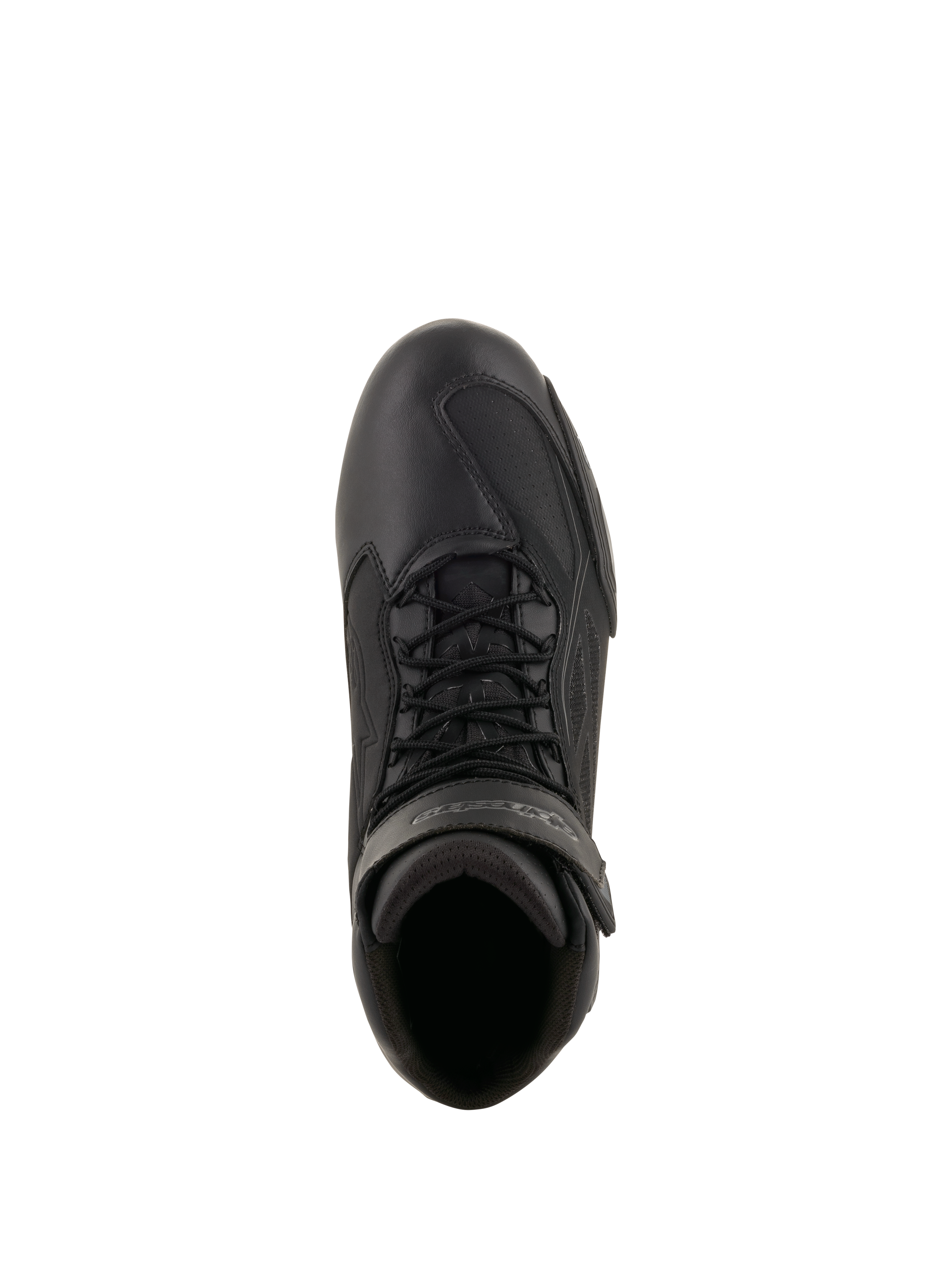 Chaussures de moto Alpinestars Faster-3 Drystar®, noir et gris froid, vue de dessus montrant la structure en microfibre, les lacets noirs et la sangle de cheville à boucles et crochets, design technique d'inspiration sportive pour la conduite sur route par tous les temps