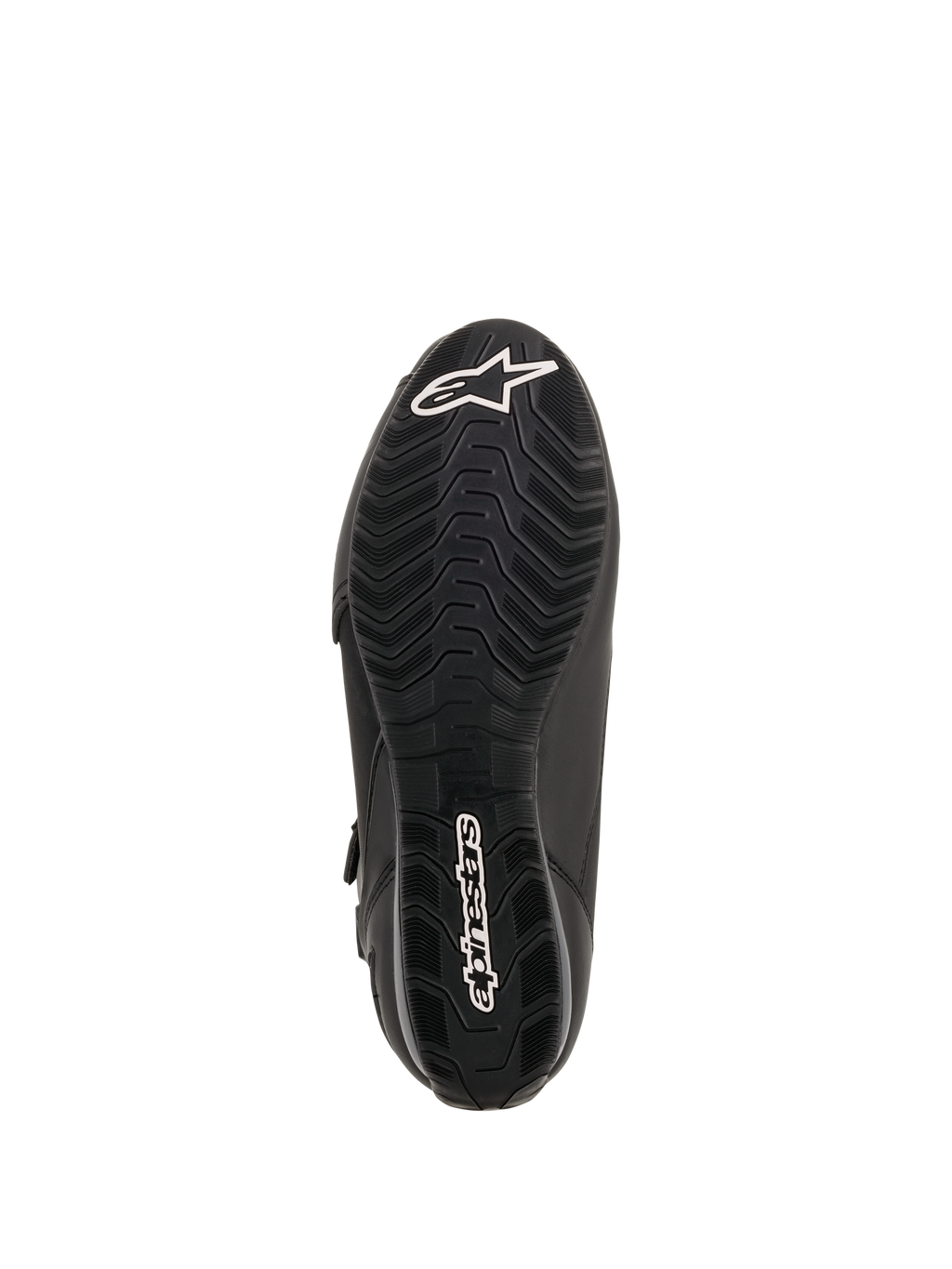 Chaussures de moto Alpinestars Faster-3 Drystar®, vue de la semelle, caoutchouc noir avec motif texturé ondulé, logo étoile Alpinestars blanc sur la pointe et nom de la marque sur le talon, chaussures de moto techniques