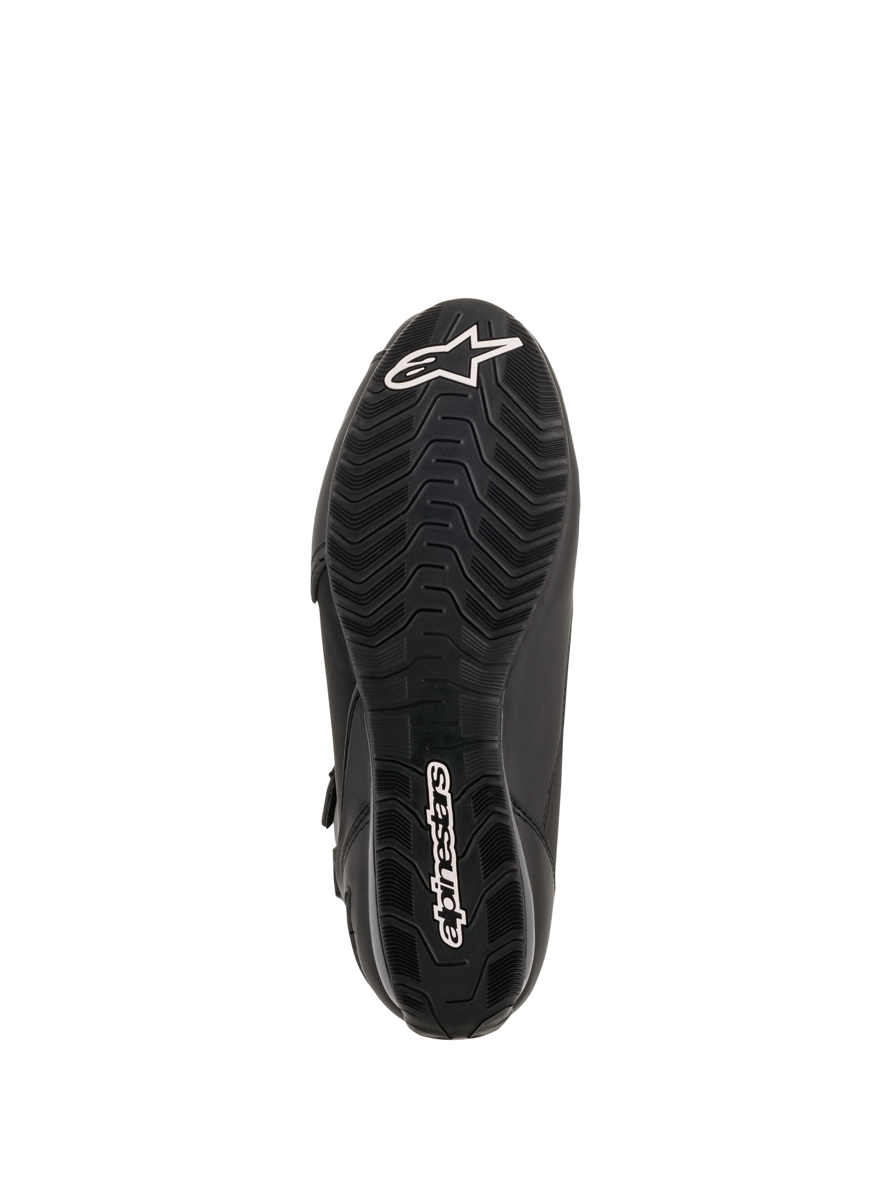 Chaussures de moto Alpinestars Faster-3 Drystar®, vue de la semelle, caoutchouc noir avec motif texturé ondulé, logo étoile Alpinestars blanc sur la pointe et nom de la marque sur le talon, chaussures de moto techniques