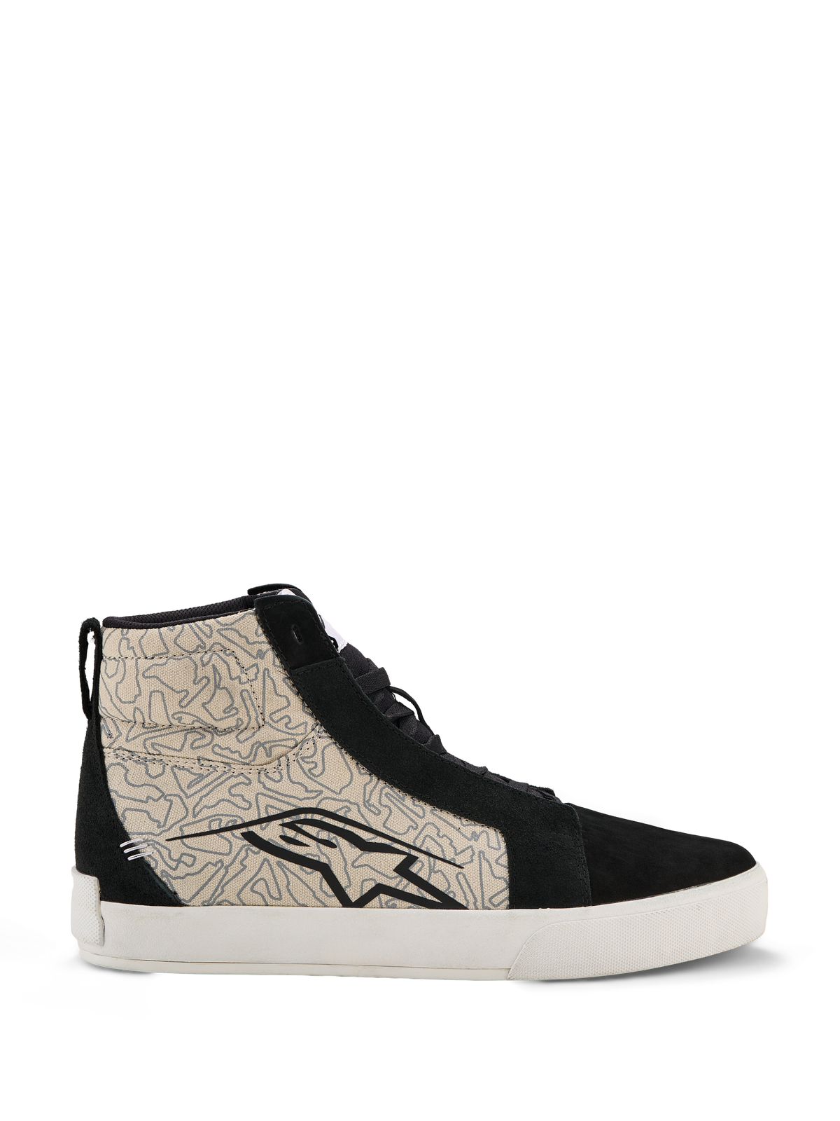 Chaussures Alpinestars Ride-63 Canvas, chaussures de moto urbaines, noir et gris avec semelle blanche, design montant inspiré du skate avec panneaux latéraux en textile à motifs et empiècements en daim noir, grand logo Alpinestars noir, semelle en caoutchouc vulcanisé