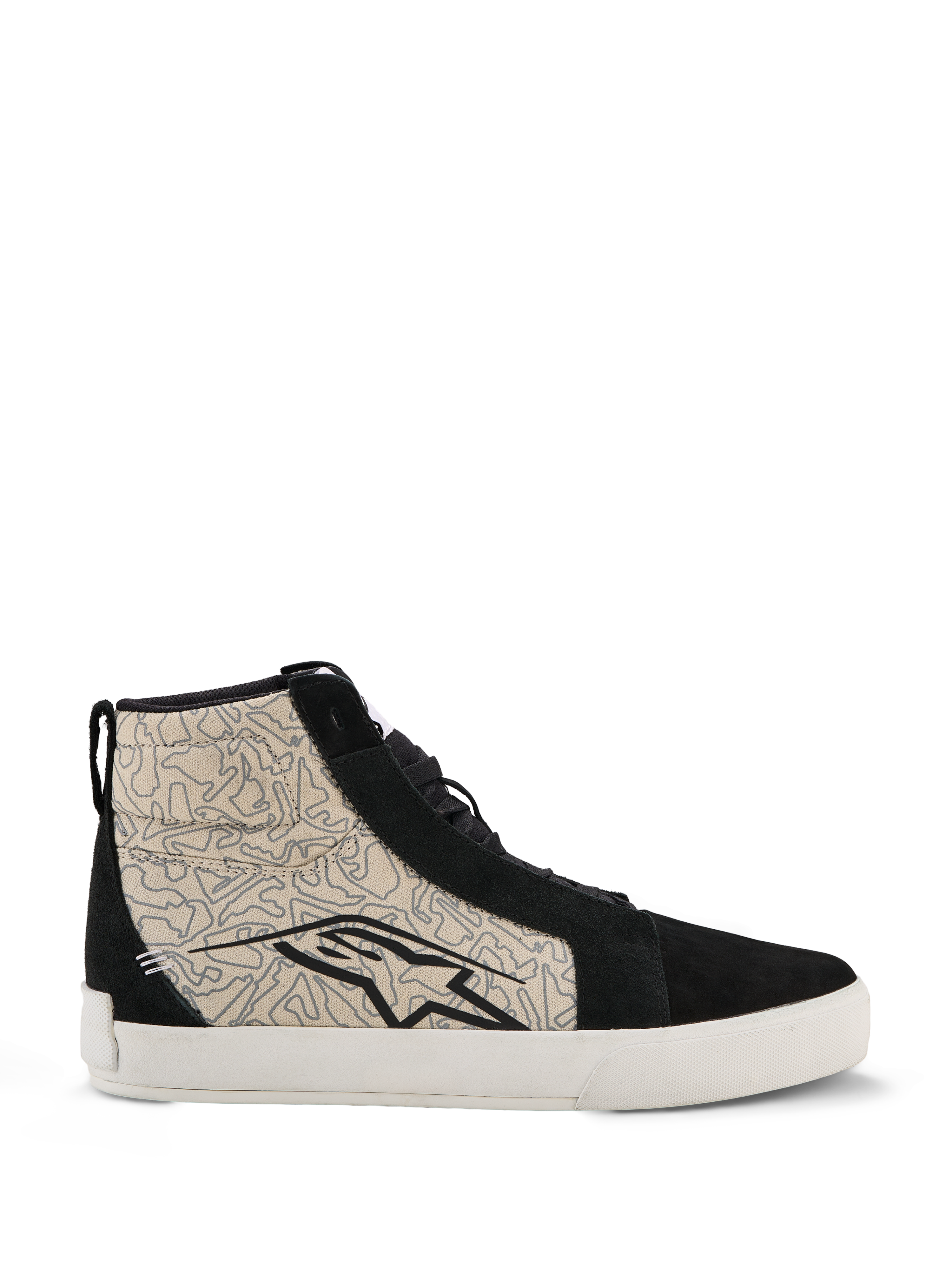 Alpinestars Ride-63 Canvas Shoes, urban motorcycle shoes, Black and Cool Gray with White sole, high-top skate-inspired design featuring patterned textile side panels and black suede overlays, large black Alpinestars logo, vulcanized rubber sole
