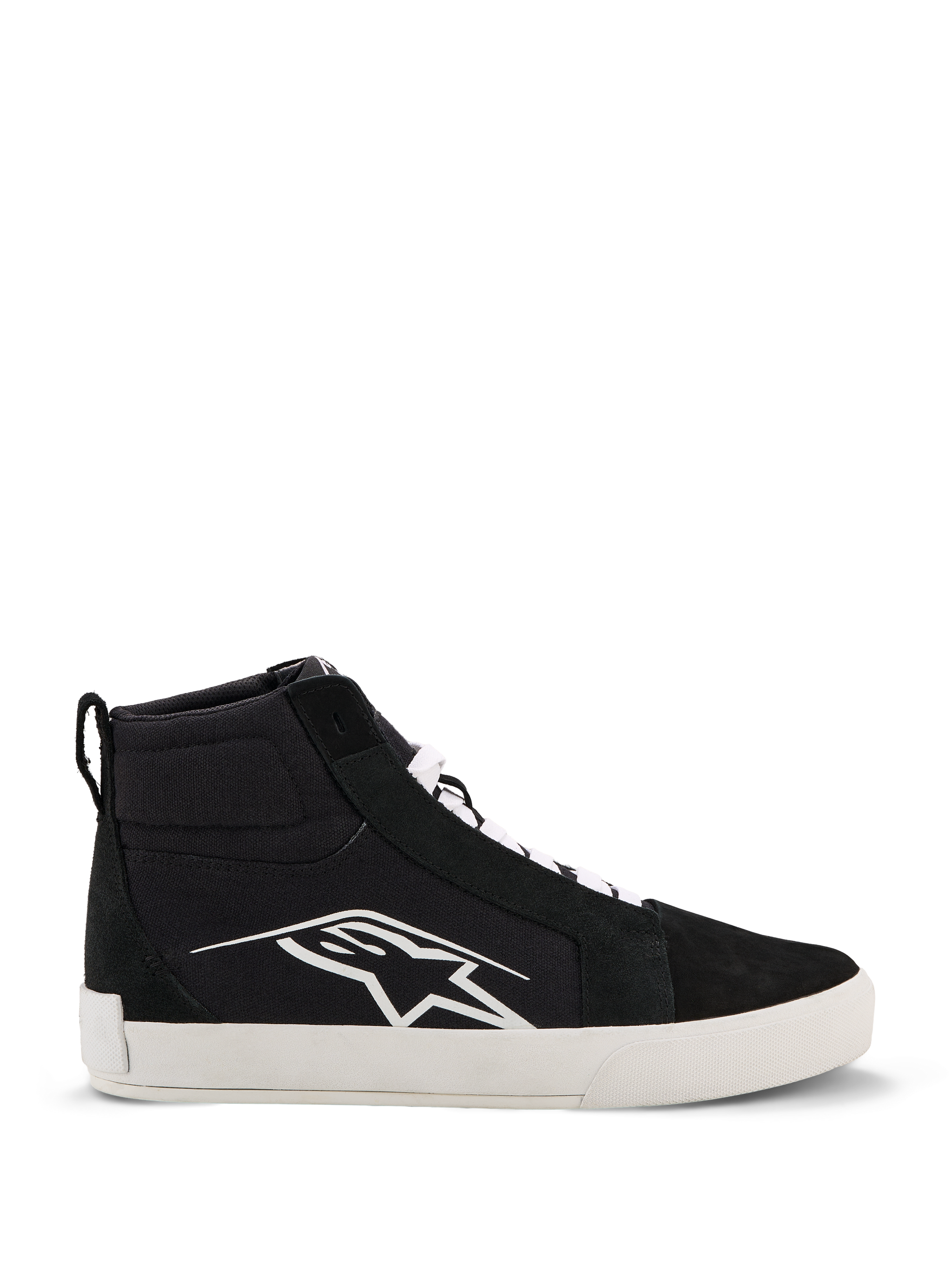 Alpinestars Ride-63 Canvas Shoes, Black High-Top Sneakers, Black and White, White Logo, Thick Flat Sole, White Laces, Pull Tab, Casual Motorsport Footwear