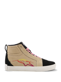 Alpinestars Ride-63 Canvas Shoes, High-Top Sneakers, Beige and Black, Pink Laces, White Sole, Multicolored Star Logo in Red and Yellow, Suede-Like Texture, Casual Motorsport-Inspired Footwear