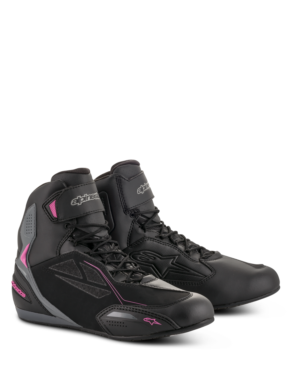 Chaussures Alpinestars Stella Faster-3 Drystar pour femme, chaussures de moto, noir, gris foncé et fuchsia, construction imperméable en microfibre et daim PU, fermeture à lacets avec sangle de cheville auto-agrippante, design sport urbain élégant