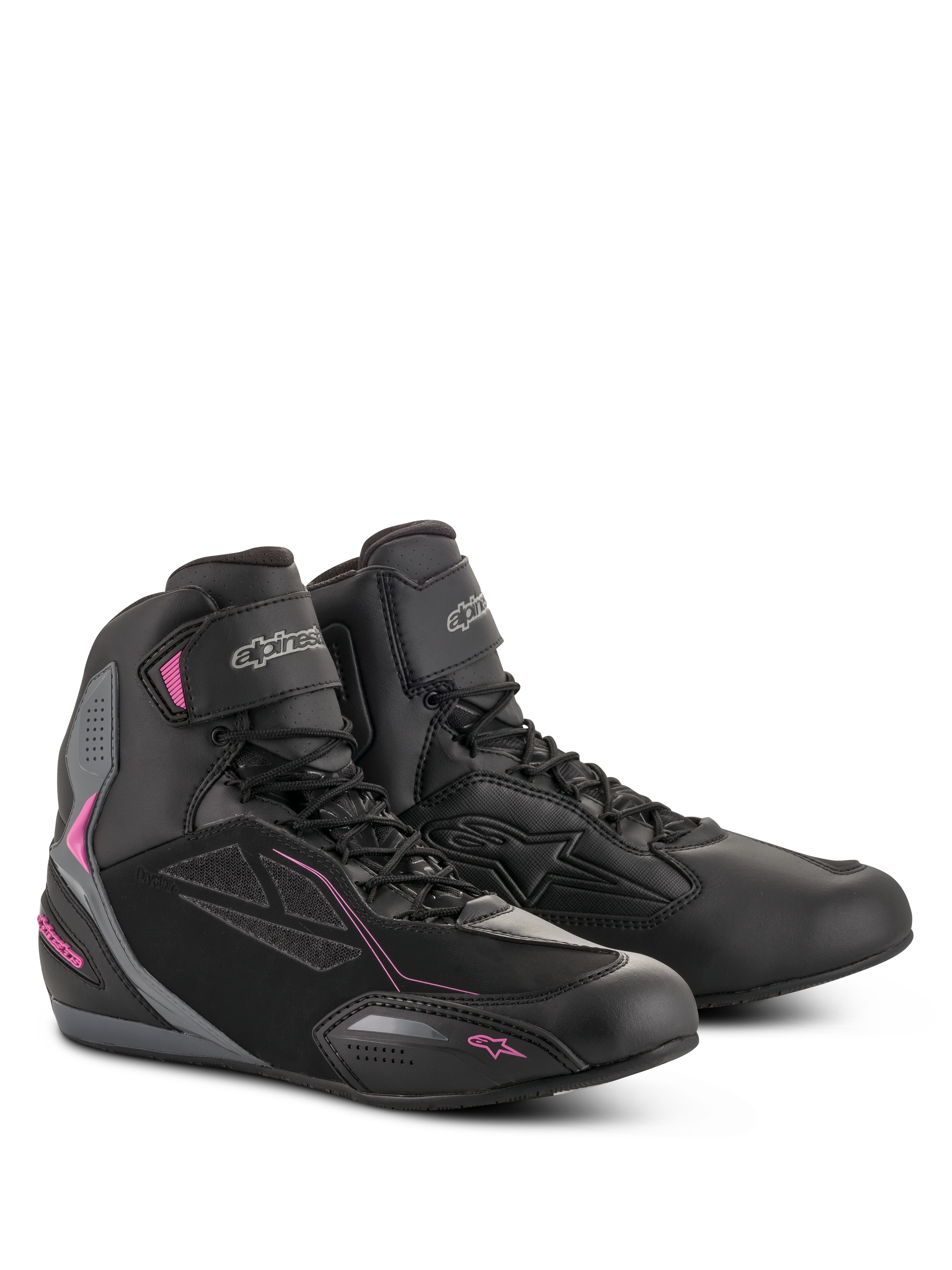 Chaussures Alpinestars Stella Faster-3 Drystar pour femme, chaussures de moto, noir, gris foncé et fuchsia, construction imperméable en microfibre et daim PU, fermeture à lacets avec sangle de cheville auto-agrippante, design sport urbain élégant