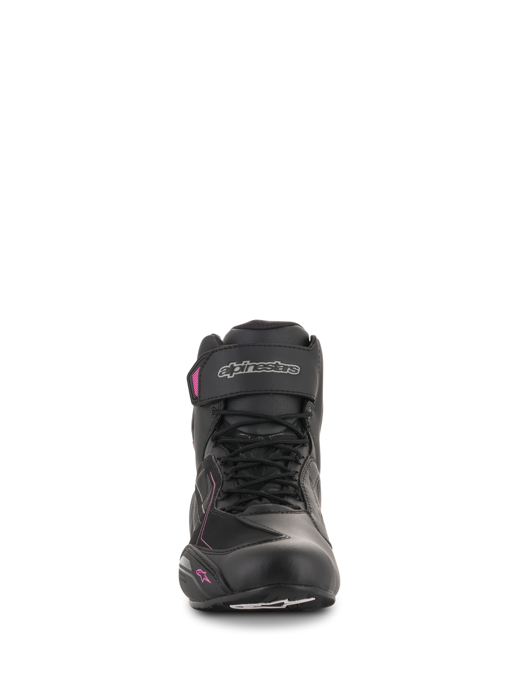 Chaussures Alpinestars Stella Faster-3 Drystar® pour femme, chaussures de moto, noir, gris foncé et fuchsia, vue de face montrant la fermeture à lacets, sangle à la cheville avec logo argenté et accents roses sur un profil féminin