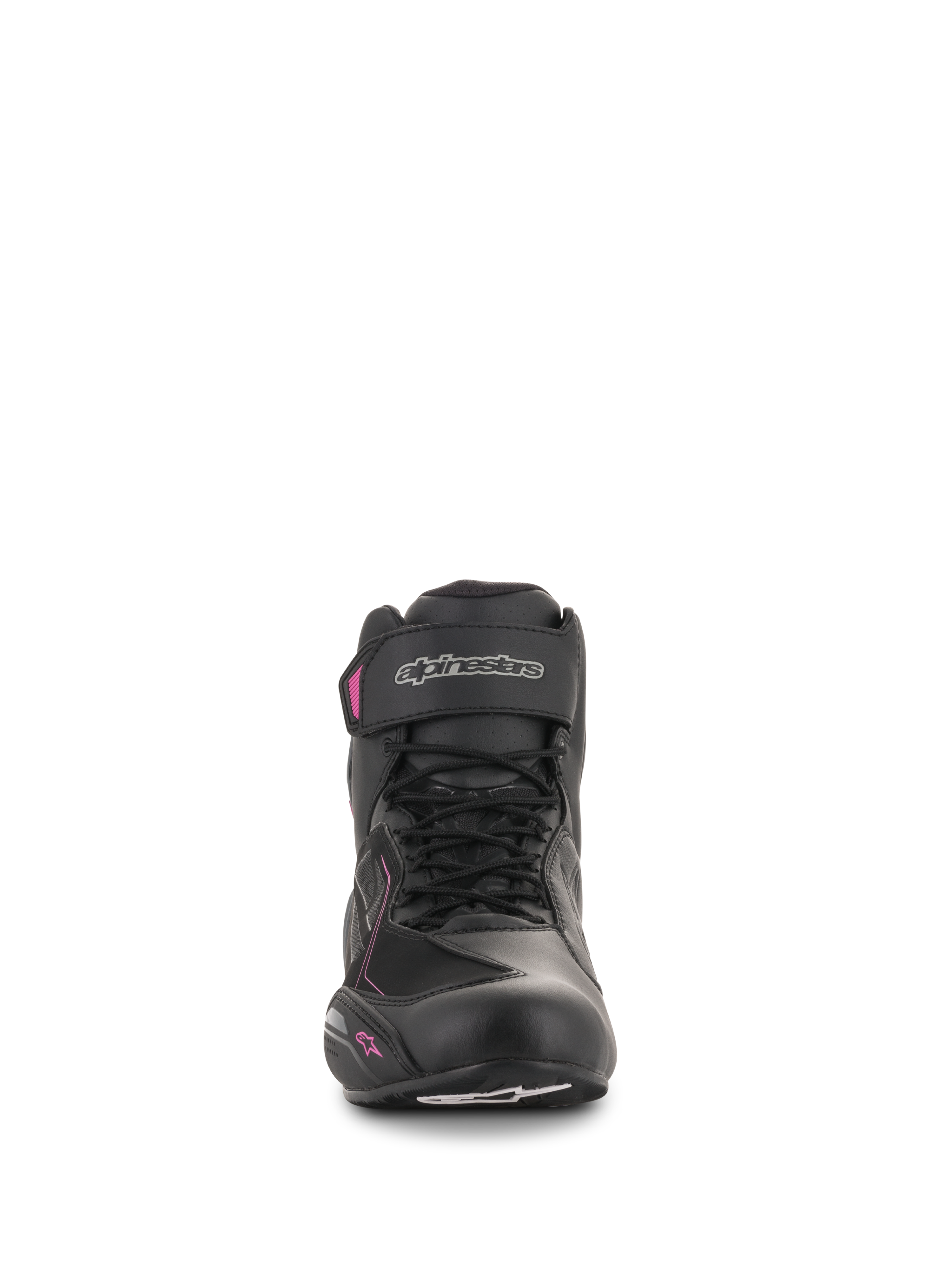 Chaussures Alpinestars Stella Faster-3 Drystar® pour femme, chaussures de moto, noir, gris foncé et fuchsia, vue de face montrant la fermeture à lacets, sangle à la cheville avec logo argenté et accents roses sur un profil féminin