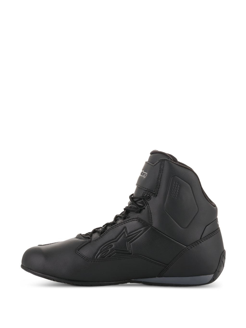 Chaussures Alpinestars Stella Faster-3 Drystar® pour femme, noir et gris foncé, chaussures de moto imperméables, vue de profil avec châssis en microfibre durable, fermeture à lacets, sangle de cheville et logo Alpinestars embossé