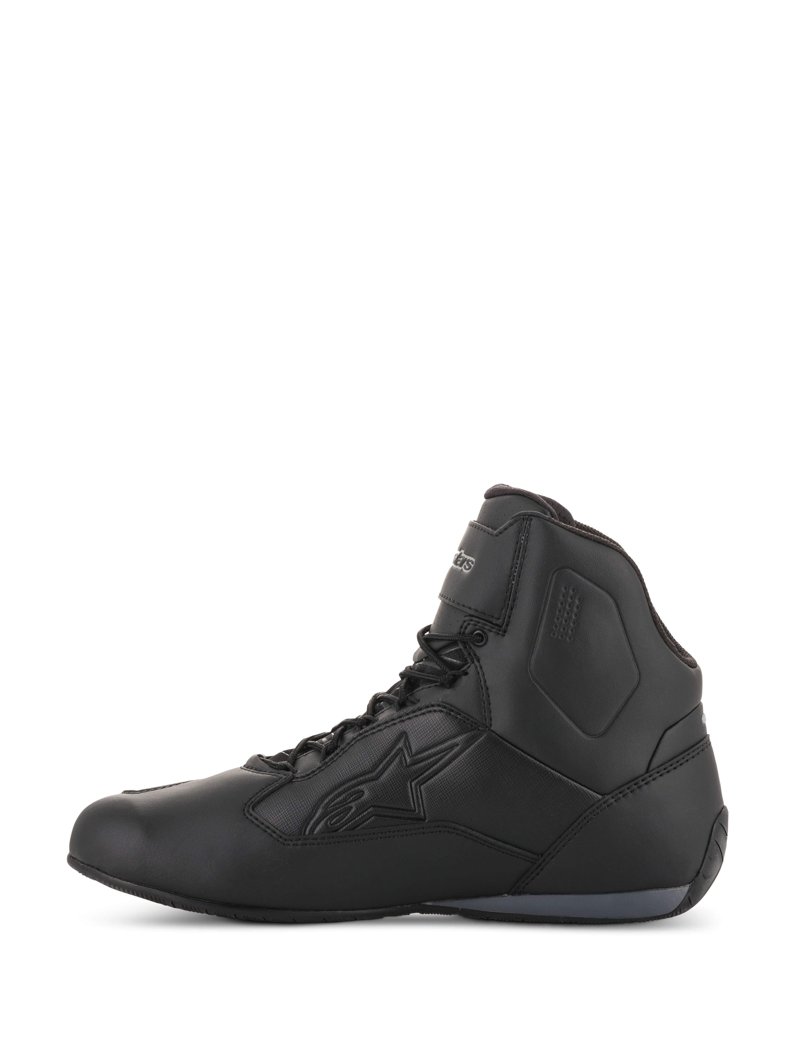 Chaussures Alpinestars Stella Faster-3 Drystar® pour femme, noir et gris foncé, chaussures de moto imperméables, vue de profil avec châssis en microfibre durable, fermeture à lacets, sangle de cheville et logo Alpinestars embossé