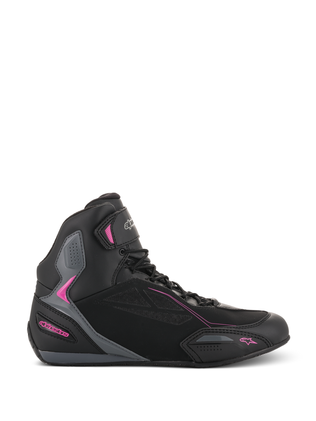 Alpinestars Stella Faster-3 Drystar pour femme, baskets de moto, noir avec accents gris foncé et rose fuchsia, vue de profil avec silhouette montante, fermeture à lacets et sangle Velcro à la cheville, panneaux de protection renforcés.