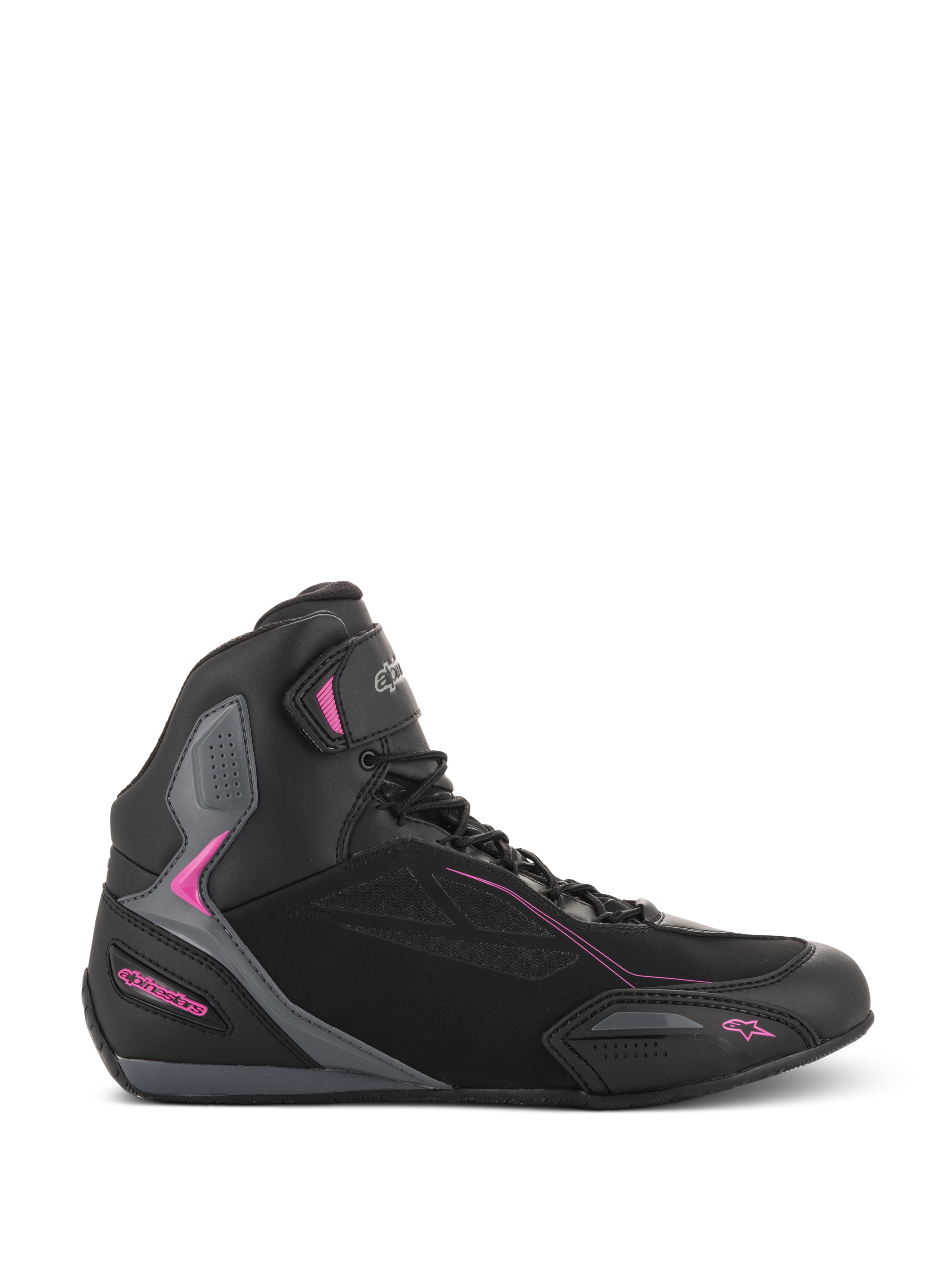 Alpinestars Stella Faster-3 Drystar pour femme, baskets de moto, noir avec accents gris foncé et rose fuchsia, vue de profil avec silhouette montante, fermeture à lacets et sangle Velcro à la cheville, panneaux de protection renforcés.