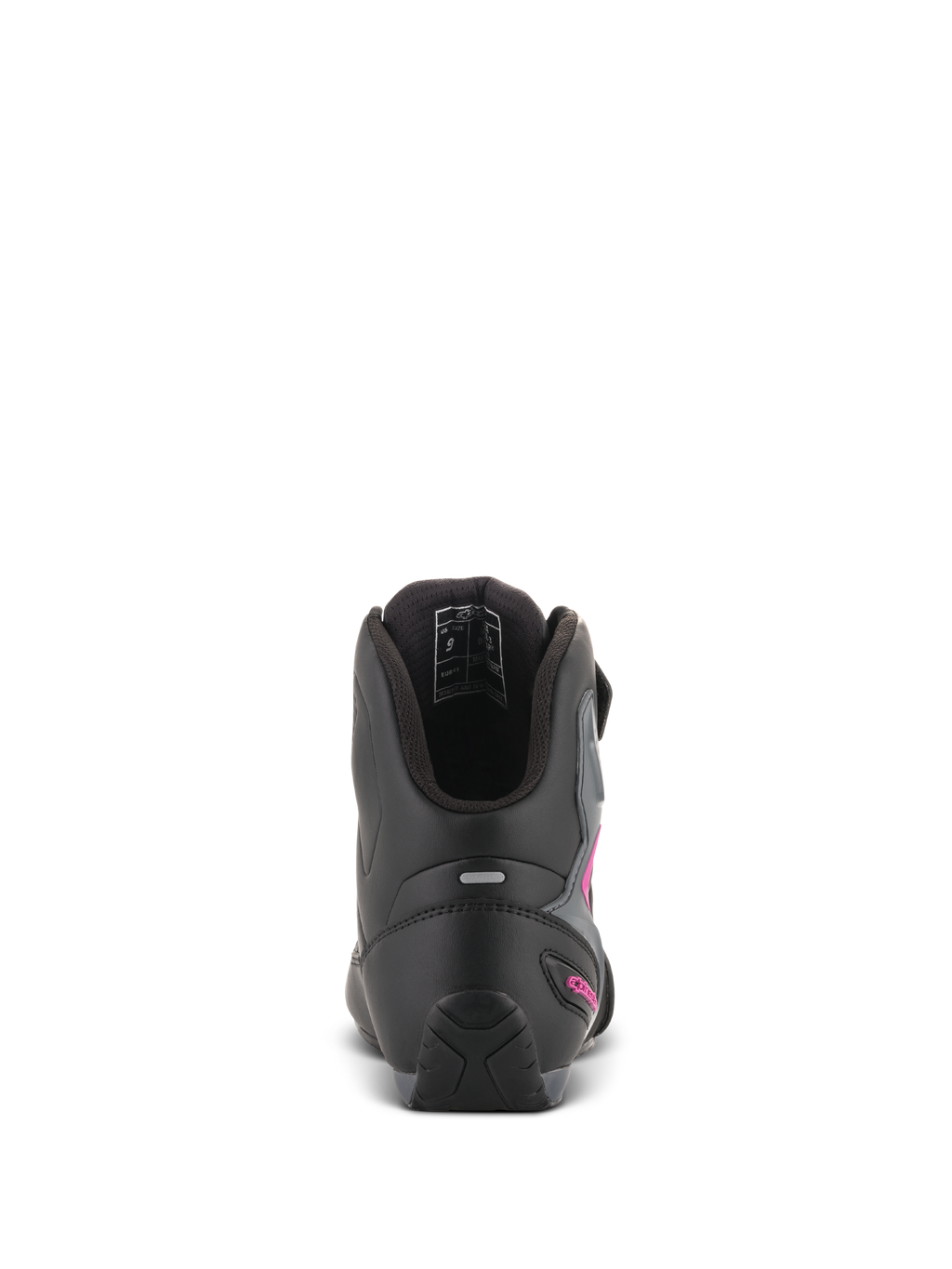 Chaussures Alpinestars Stella Faster-3 Drystar® pour femme, noir gris foncé fuchsia, vue arrière du talon montrant la bande réfléchissante et le logo fuchsia, chaussures de moto imperméables avec semelle texturée et col rembourré