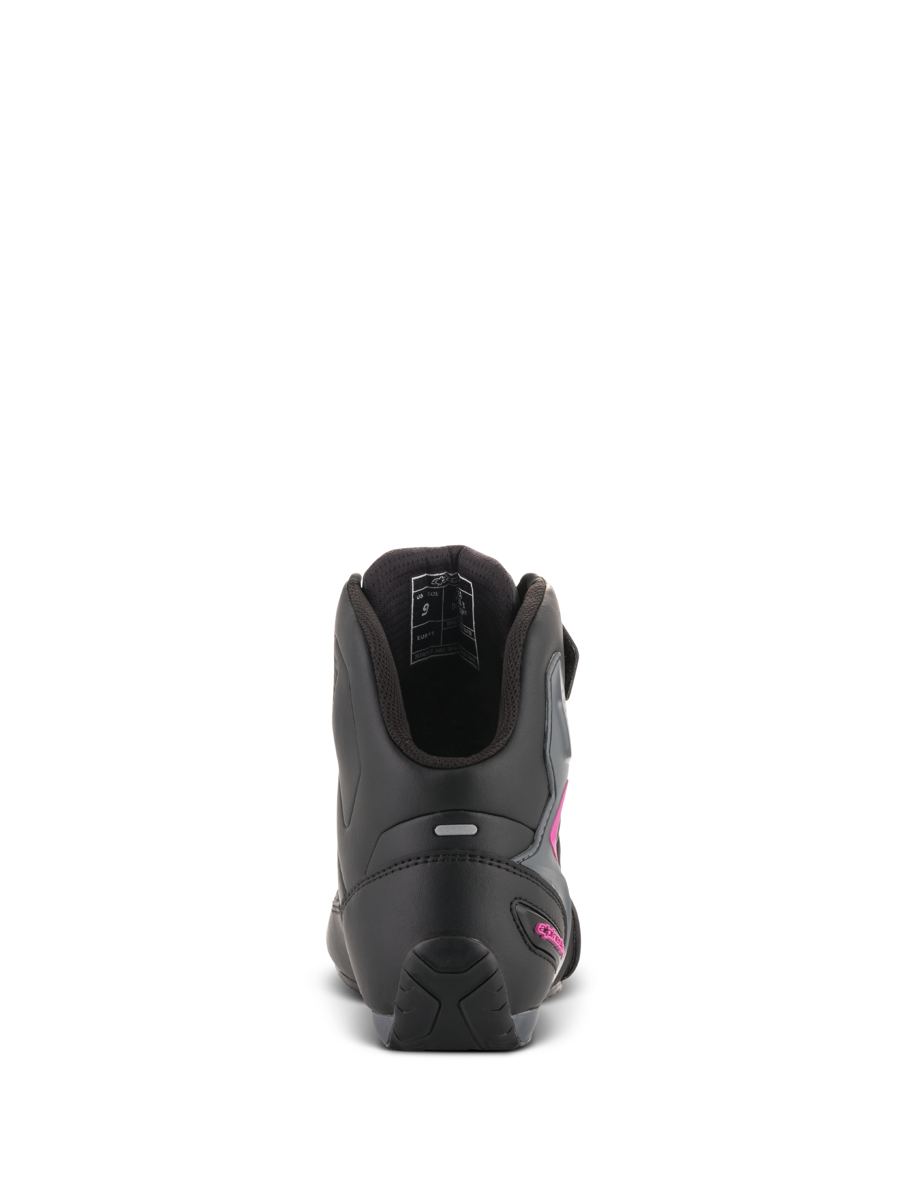 Chaussures Alpinestars Stella Faster-3 Drystar® pour femme, noir gris foncé fuchsia, vue arrière du talon montrant la bande réfléchissante et le logo fuchsia, chaussures de moto imperméables avec semelle texturée et col rembourré