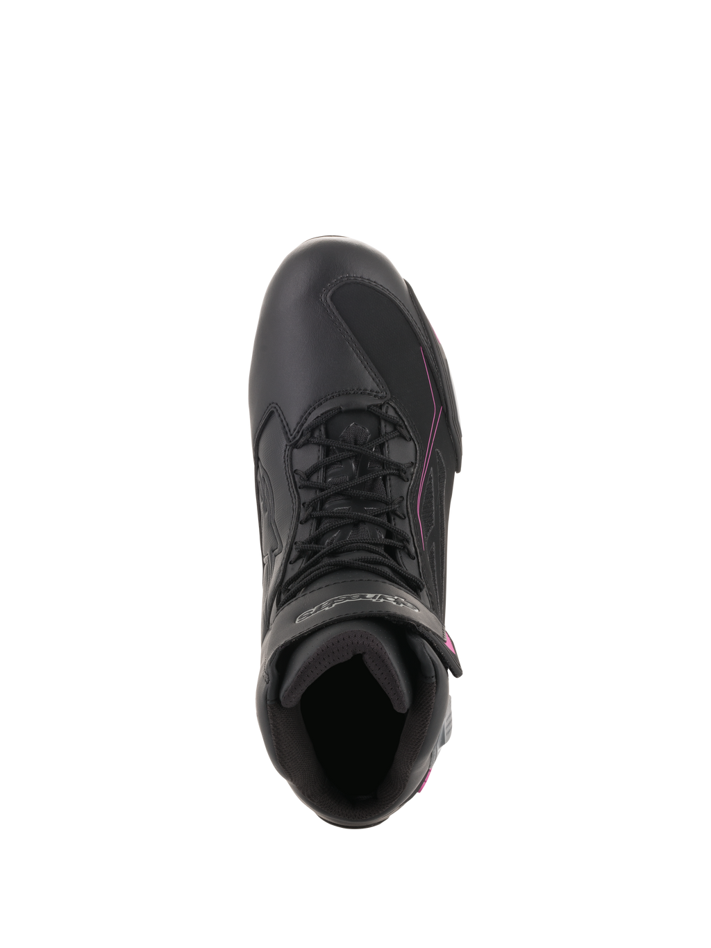 Chaussures Alpinestars Stella Faster-3 Drystar® pour femme, chaussures de moto imperméables, noir gris foncé fuchsia, vue de dessus montrant la fermeture à lacets et la sangle auto-agrippante, chaussures de protection profilées pour la conduite urbaine.
