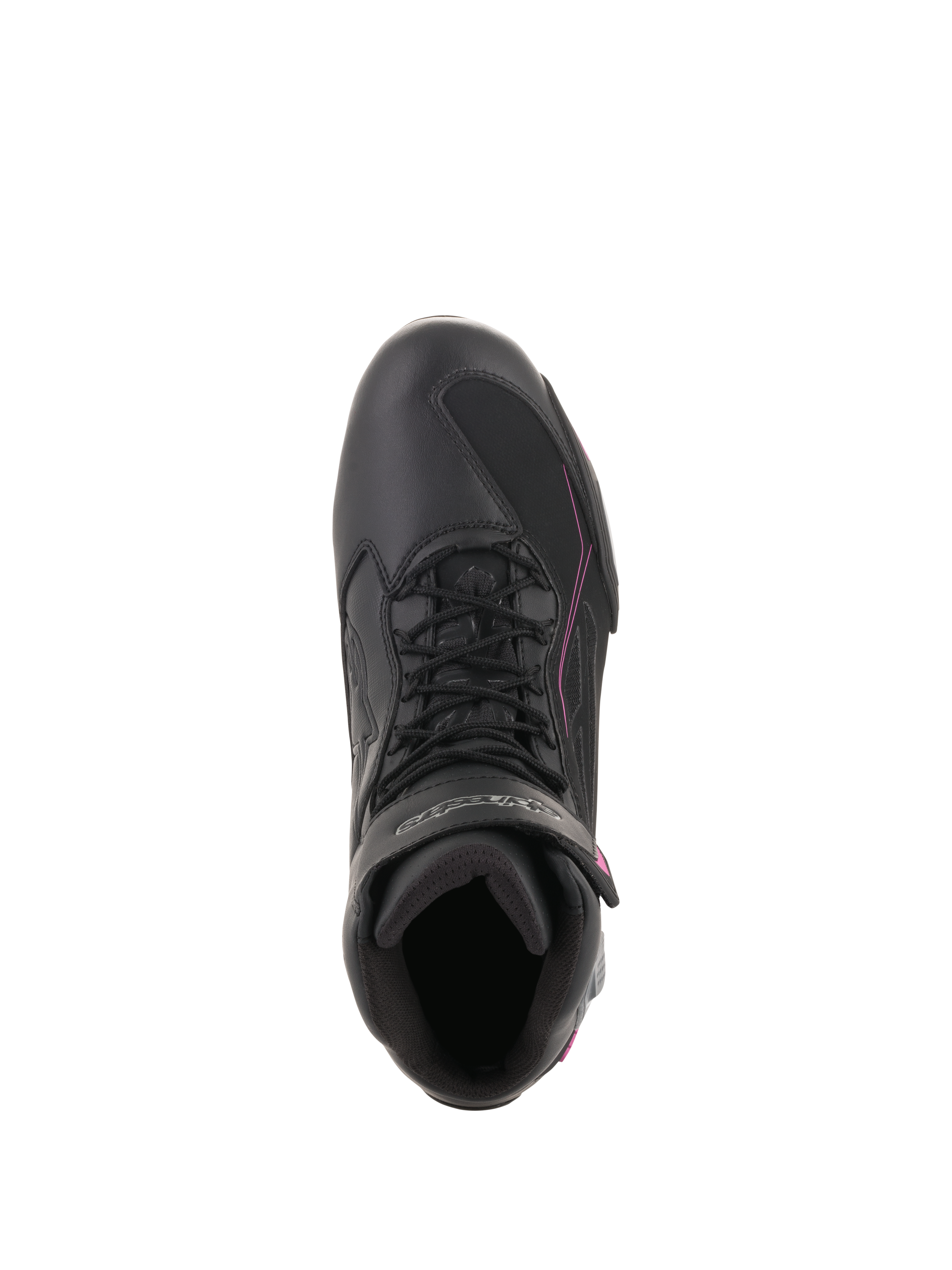Chaussures Alpinestars Stella Faster-3 Drystar® pour femme, chaussures de moto imperméables, noir gris foncé fuchsia, vue de dessus montrant la fermeture à lacets et la sangle auto-agrippante, chaussures de protection profilées pour la conduite urbaine.